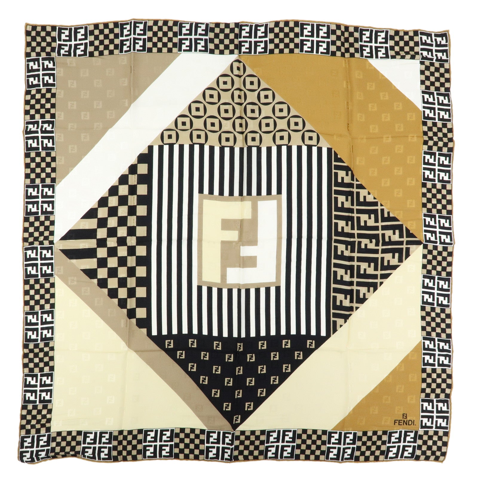 FENDI Zucca Silk 100% Scarf Black Beige Brown