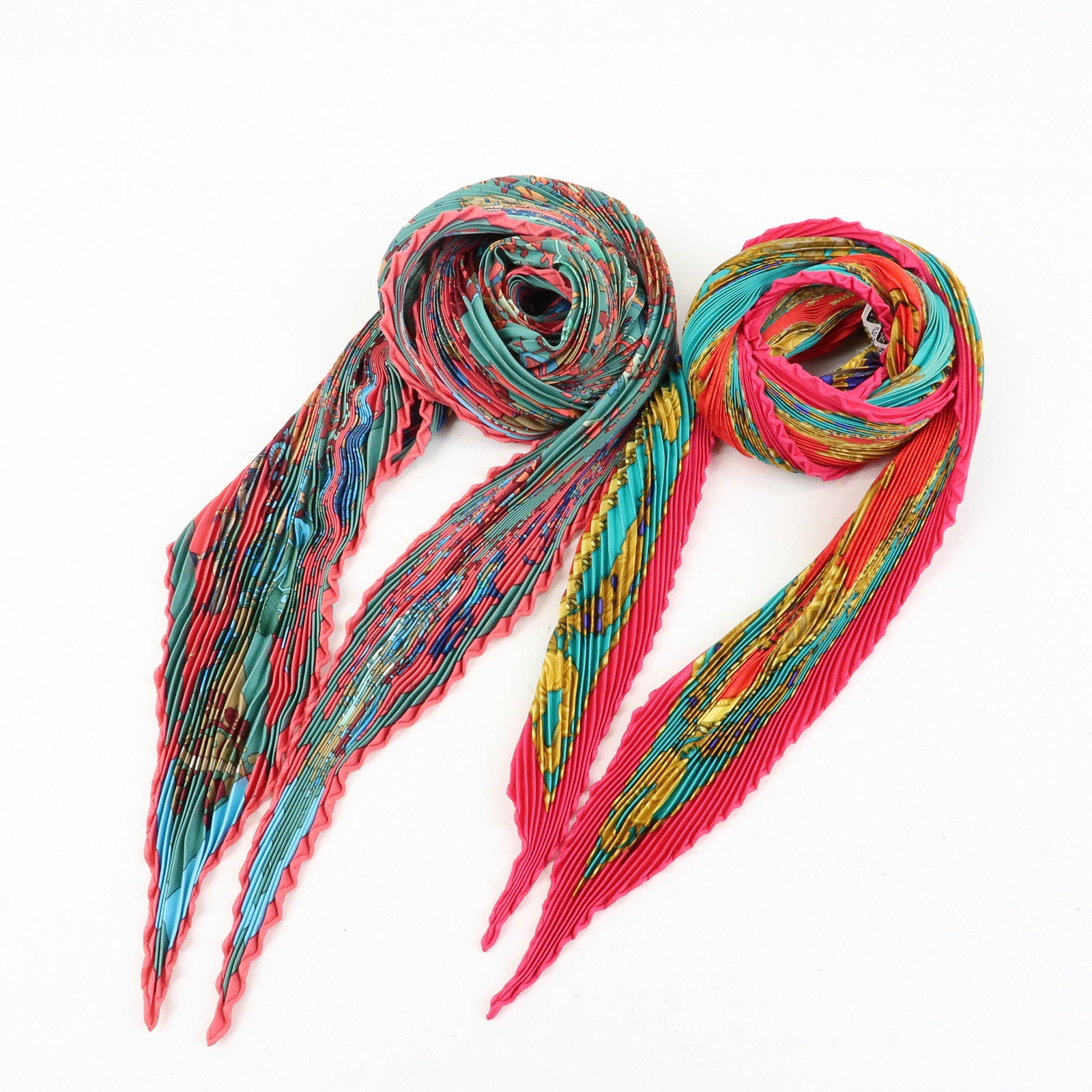 HERMES Pleated Carre 90 Set of 2 Silk 100% Scarf Green Pink