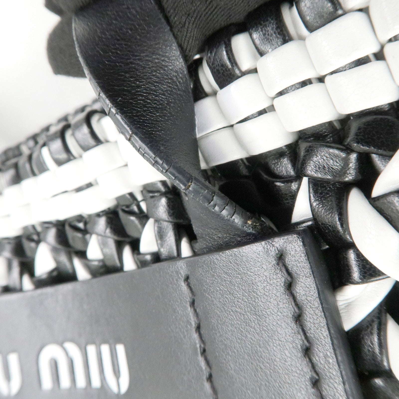 MIU MIU Leather Braid Tote Bag Shoulder Bag Black White 5BG193 Used