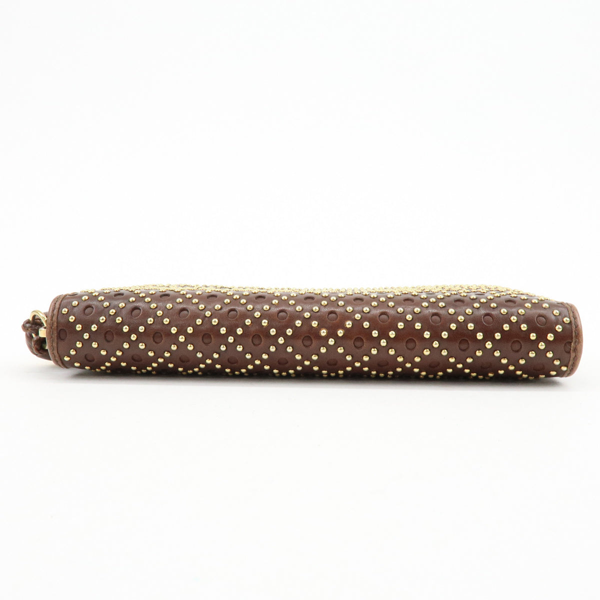 GUCCI Leather Round Zippy Long Wallet Studs Brown Gold 264733
