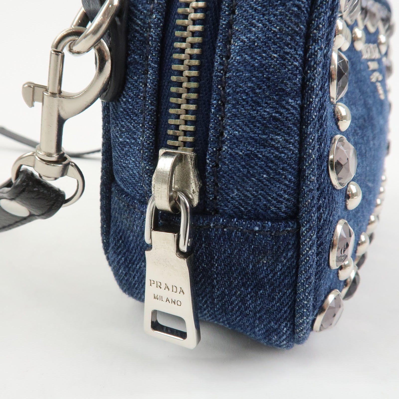 PRADA Logo Denim Leather Mini Shoulder Bag Camera Bag 1N1674