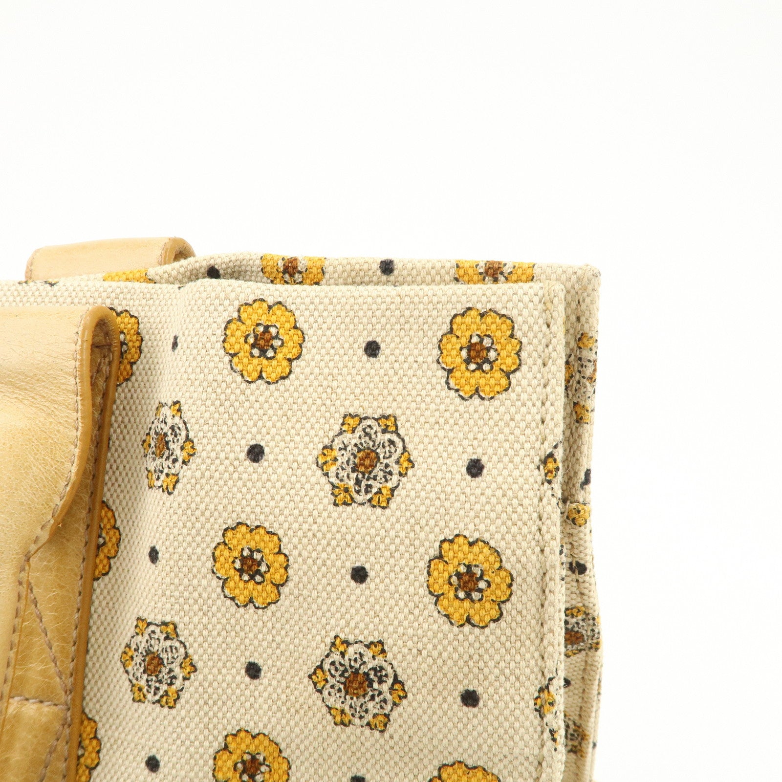 MIU MIU Canvas Leather Tote Bag Hand Bag Flower Motif Beige