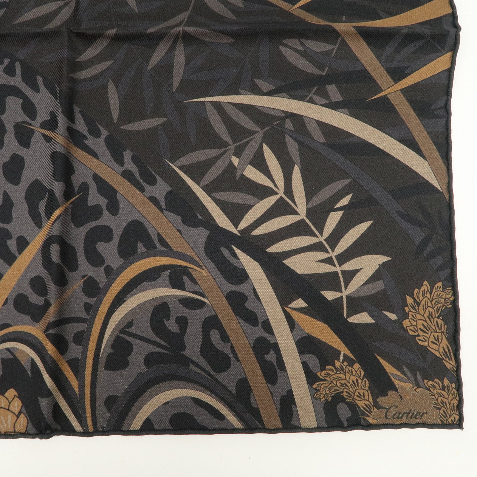 Cartier Silk 100% 42×42 Scarf Leopard Safari Motif Black Brown