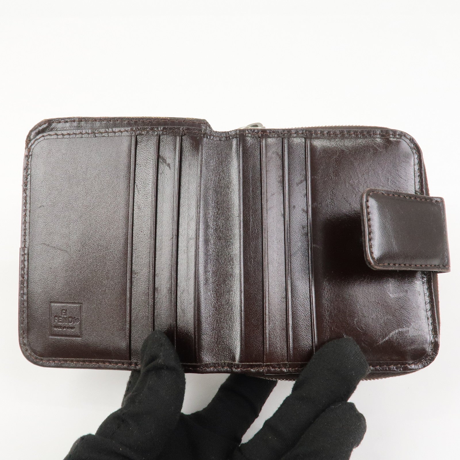 FENDI Zucca Canvas Leather Bi-fold Compact Wallet Brown Black 16348