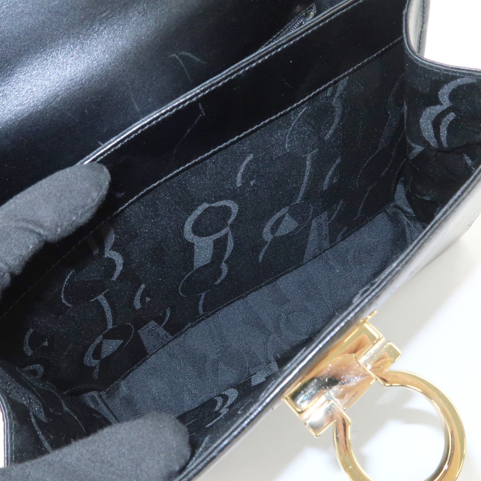 Ferragamo Gancini Leather 2Way Bag Hand Bag Shoulder Bag Black