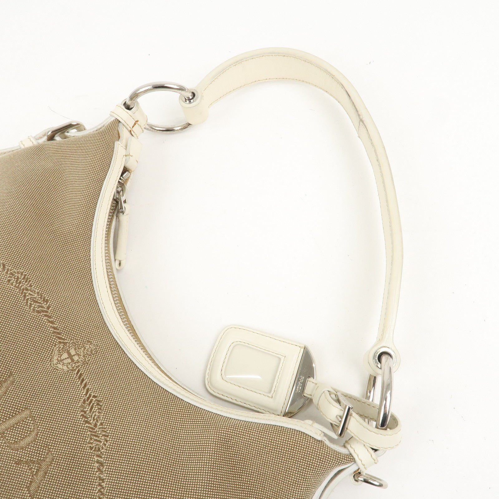 PRADA Logo Canvas Leather Shoulder Bag Hand Bag Beige White BR3429