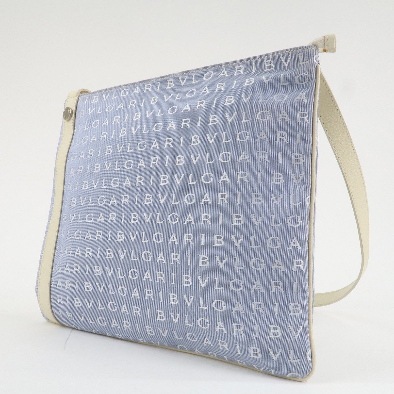 BVLGARI Logo Mania Leather Canvas Shoulder Bag Ivory Light Blue Used
