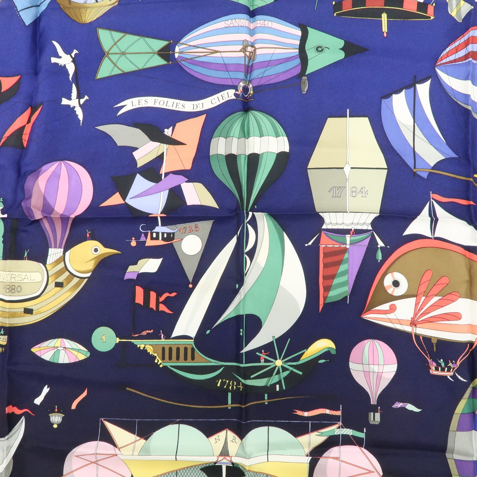 HERMES Carre 90 Silk 100% Scarf LES FOLIES DU CIEL Black Navy Multicolo Used