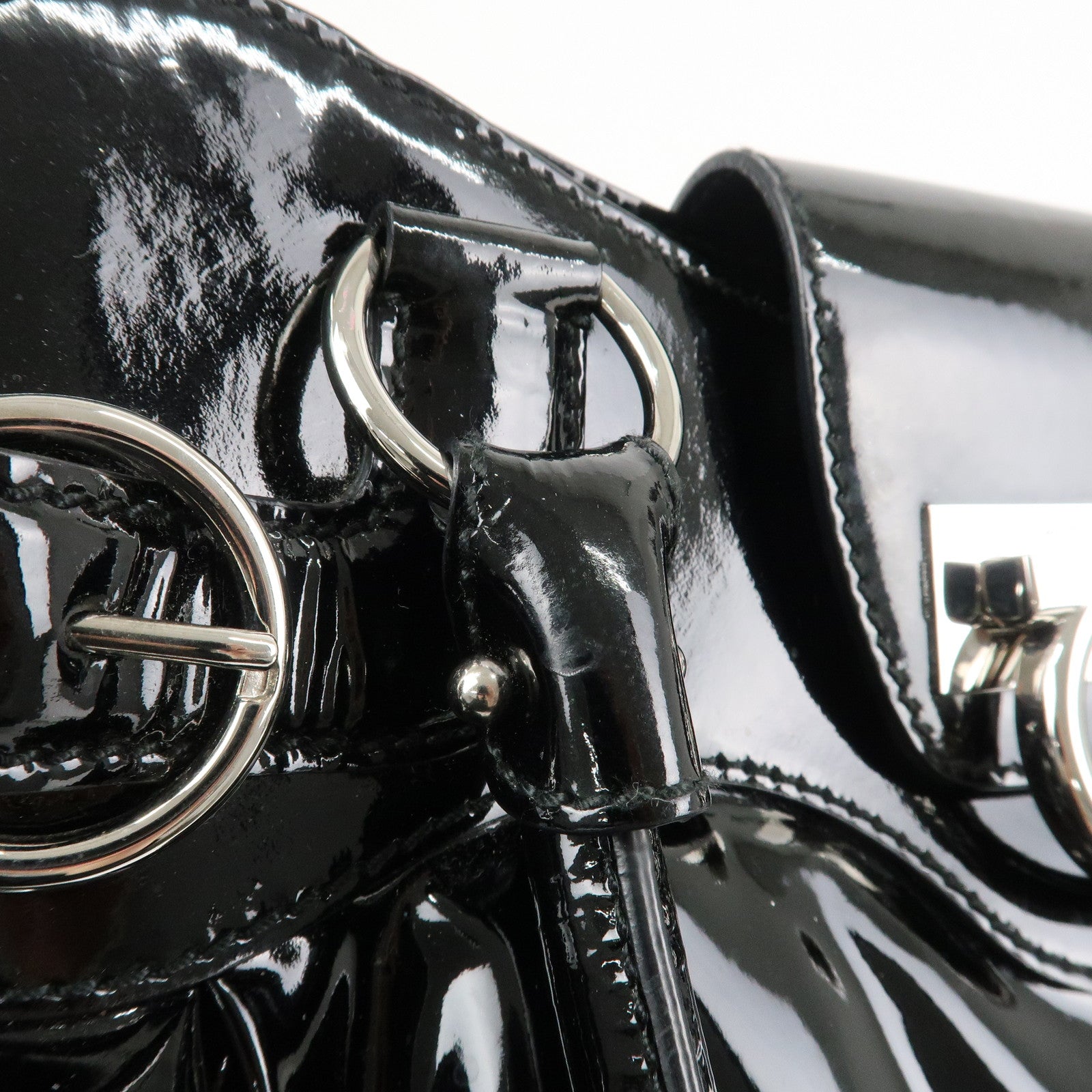 Ferragamo Gancini Patent Leather Shoulder Bag Black Silver HDW Used