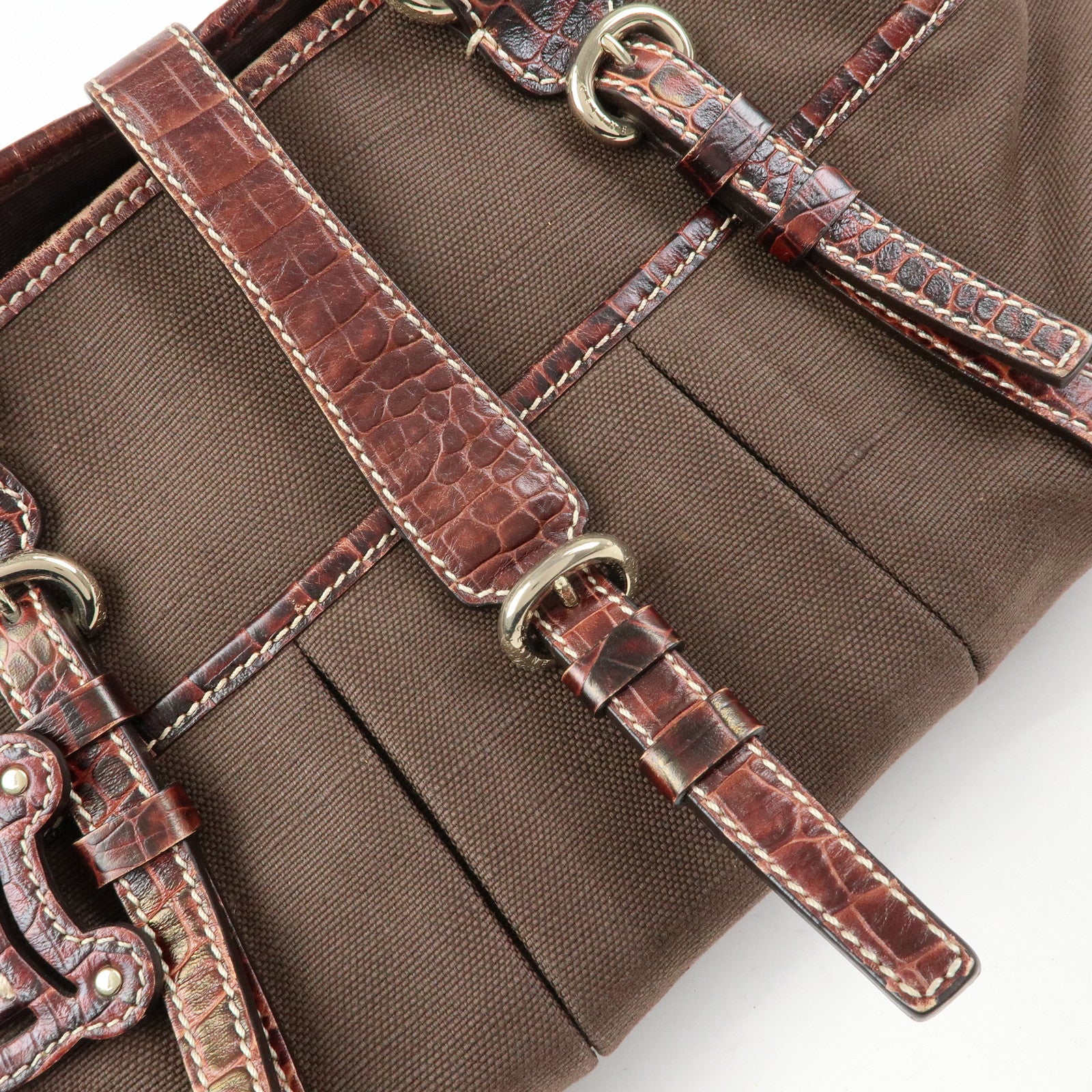 CELINE Logo Canvas Embossed Leather Tote Bag Hand Bag Brown