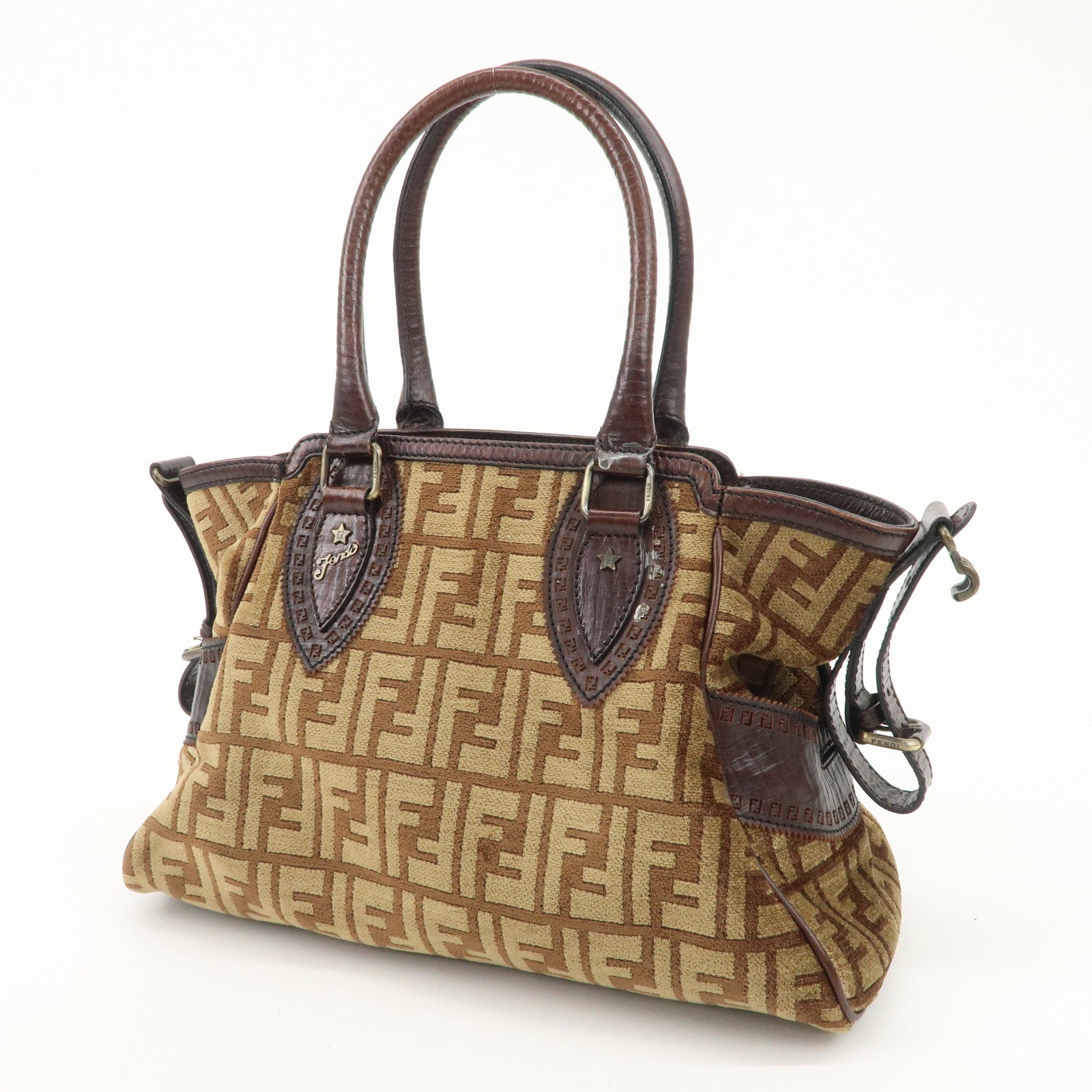 FENDI Suede Leather Ethnico Tote Bag Shoulder Bag Brown 8BN157