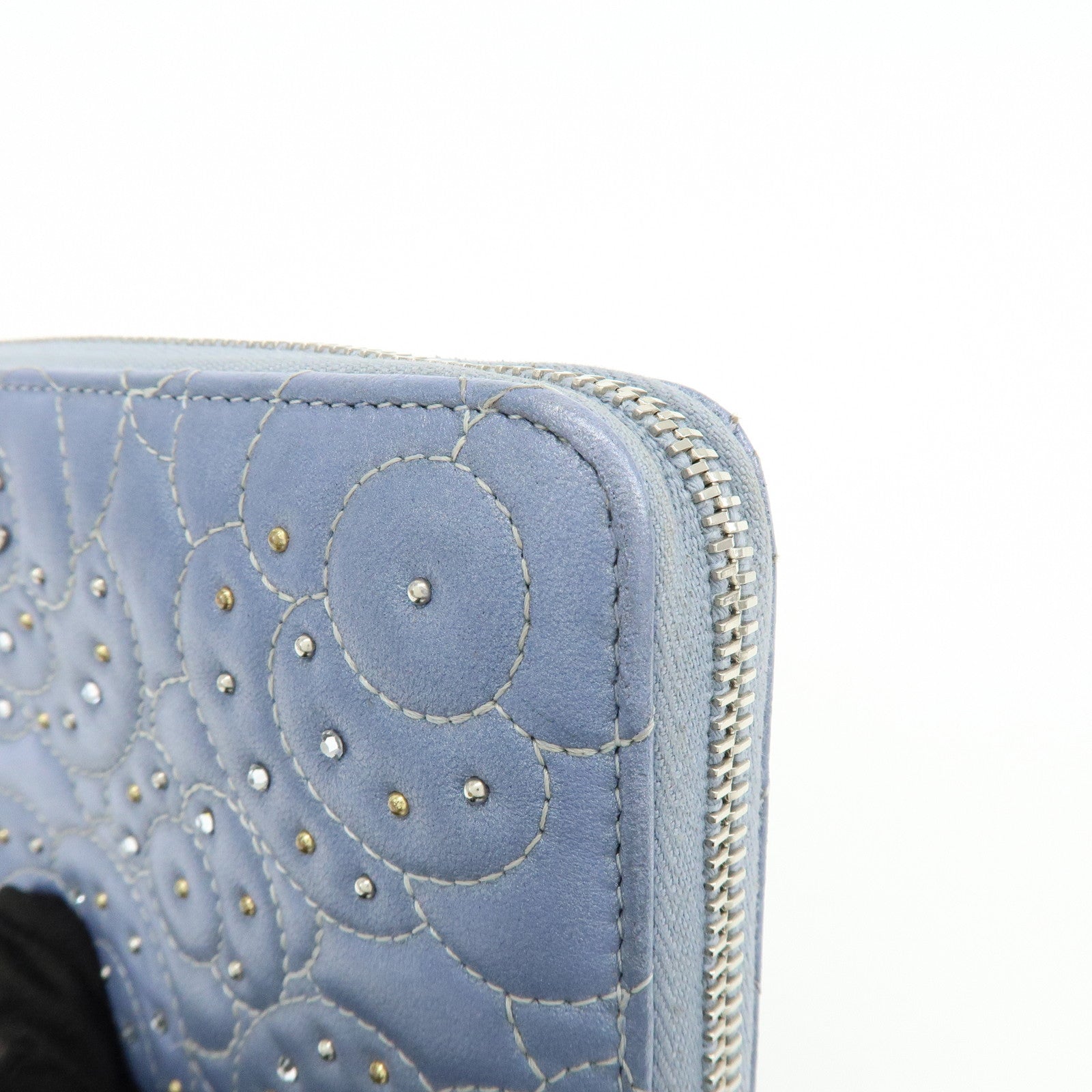 CHANEL Camellia Lamb Skin Round Zippy Wallet Light Blue A82281