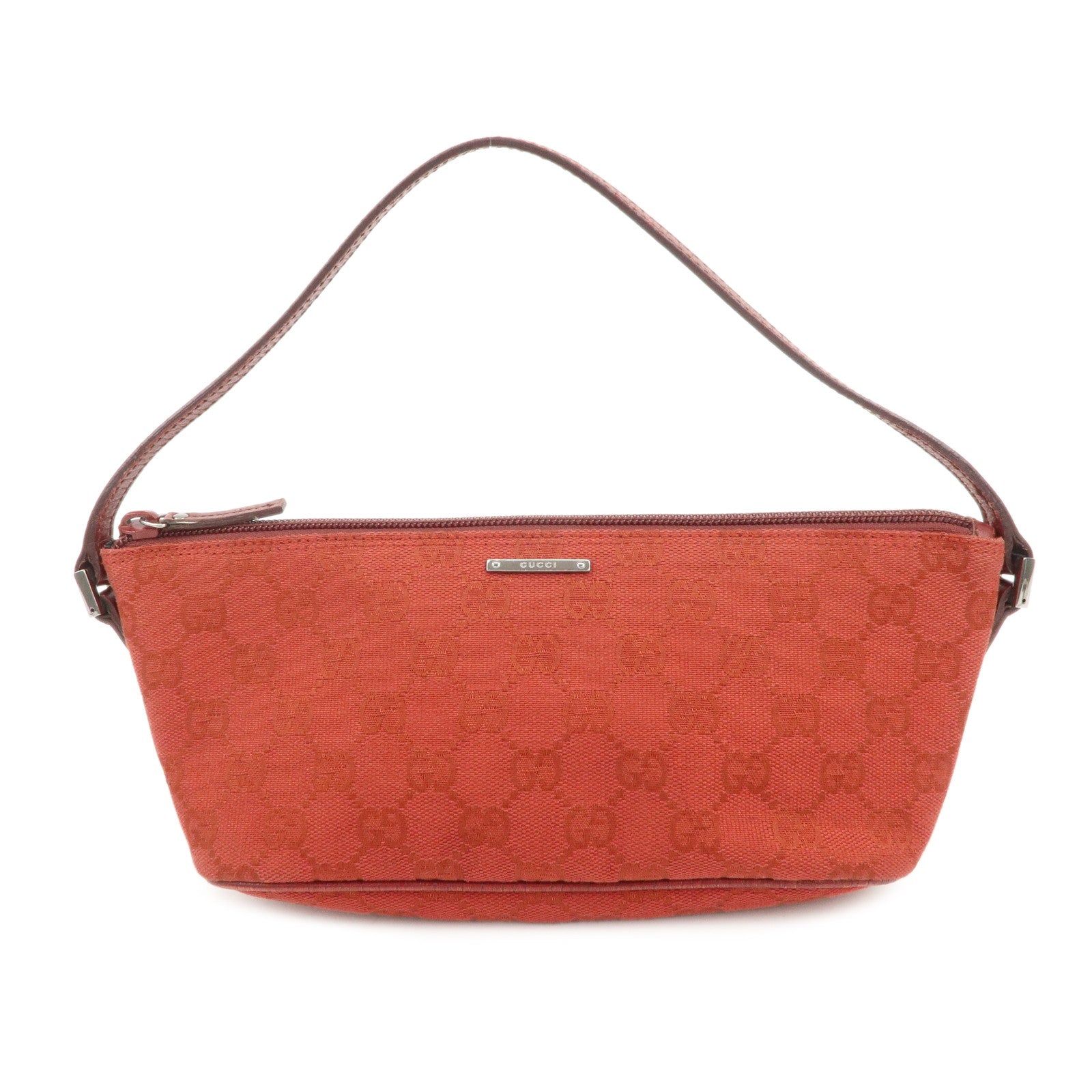 GUCCI Boat Bag GG Canvas Leather Accessory Poach Hand Bag Red 07198