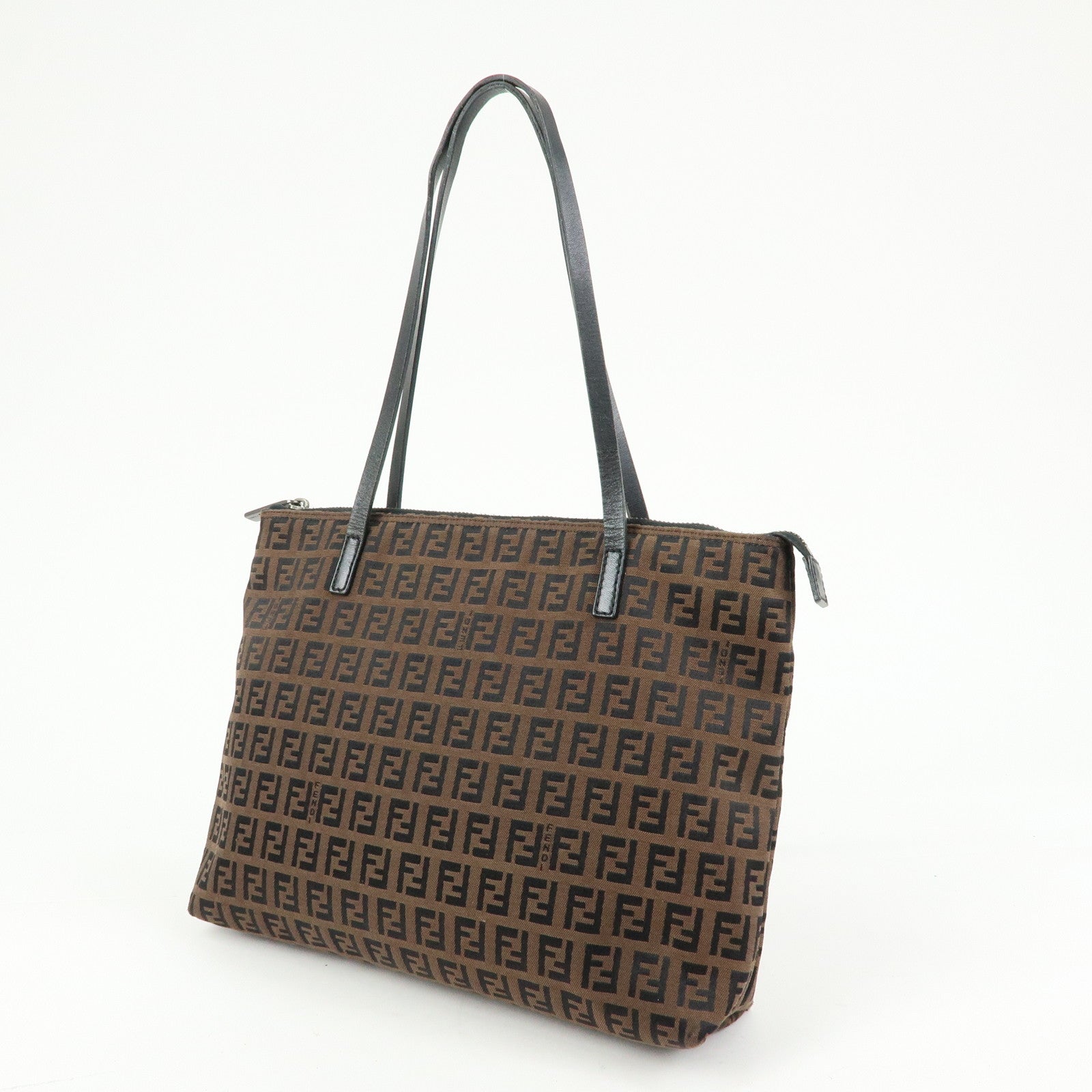 FENDI Zucchino Canvas Leather Tote Bag Hand Bag Brown Black 8BH024