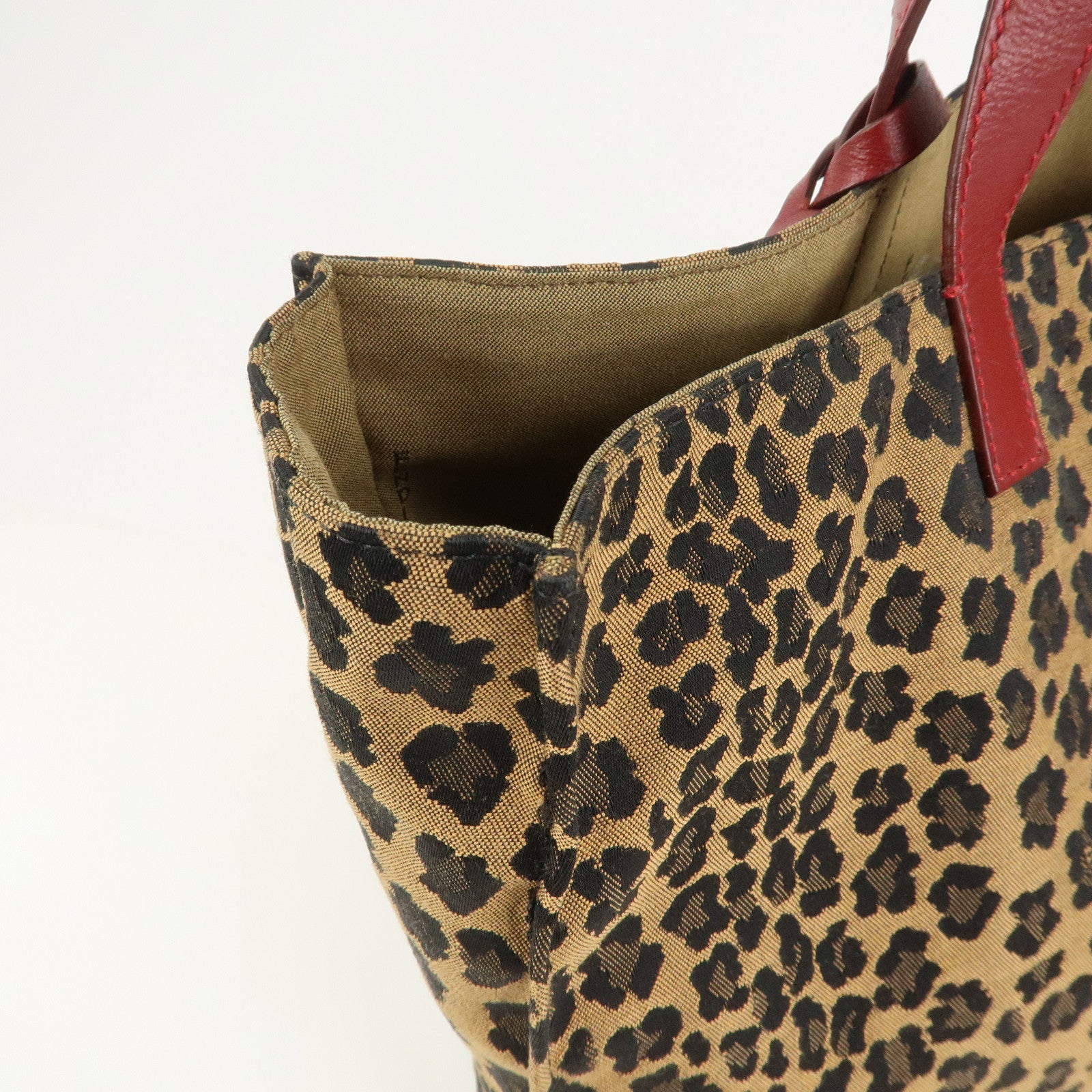 FENDI Canvas Leather Leopard Tote Bag Hand Bag Brown Red 8BH173