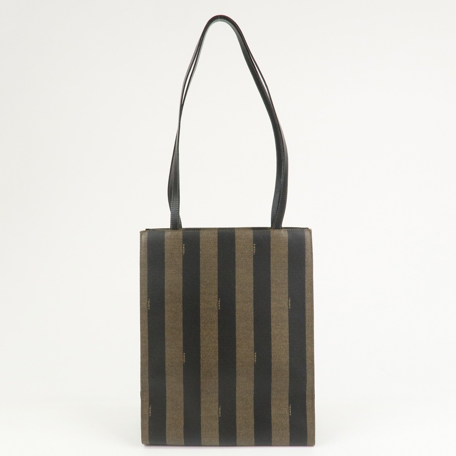 FENDI Pequin PVC Coating Canvas Leather Tote Bag Brown Black 259980