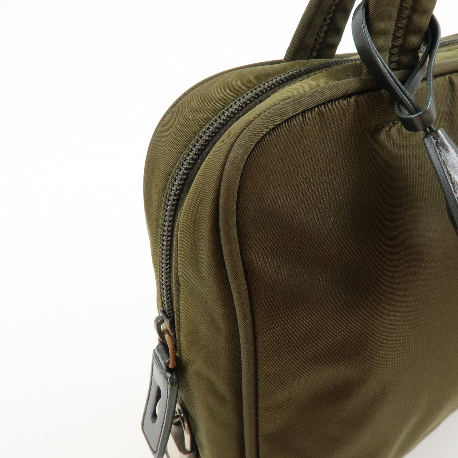 PRADA Triangle Logo Nylon Leather Hand Bag Boston Bag Khaki