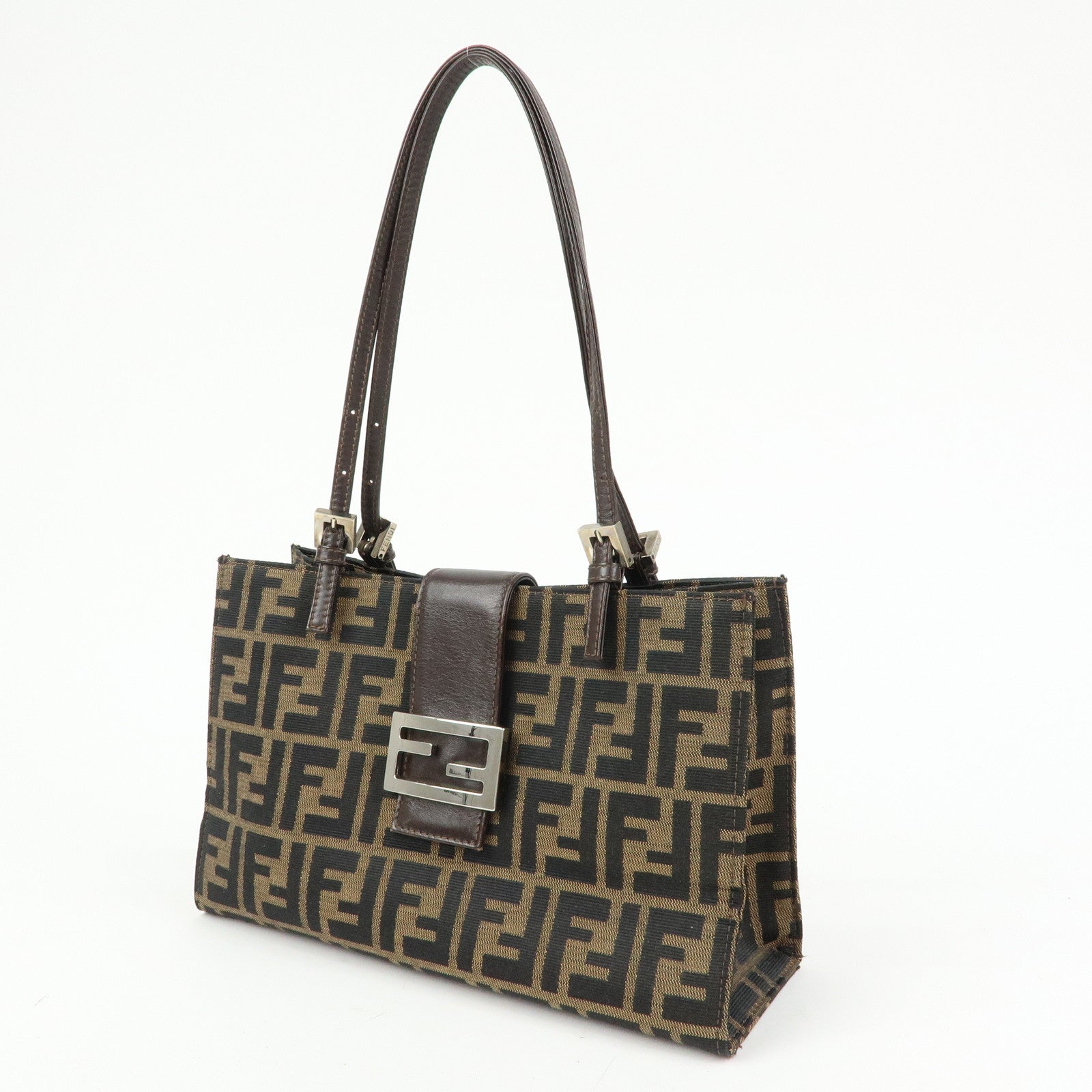 FENDI Zucca Canvas Leather Handbag Shoulder Bag Brown Black