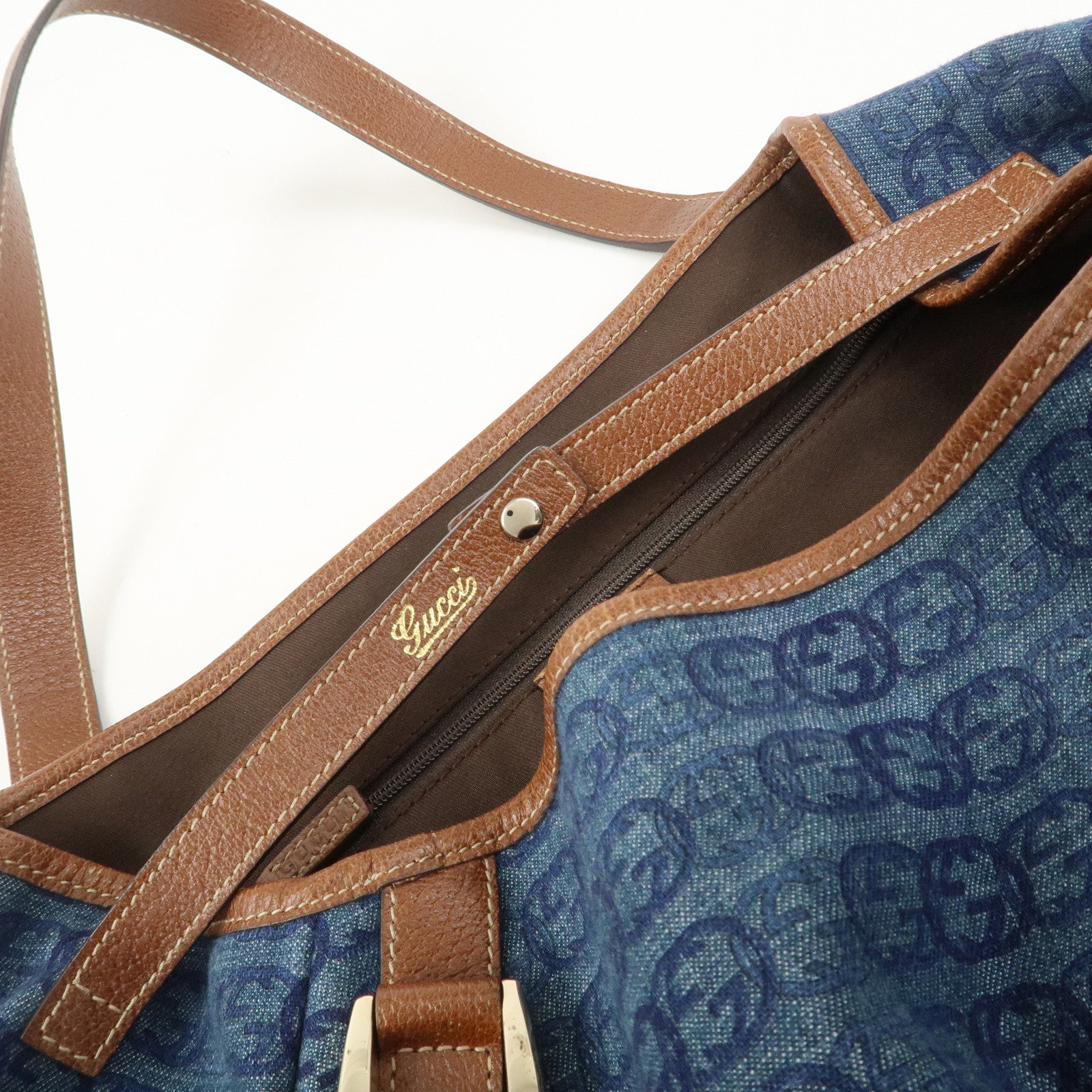GUCCI Abbey GG Monogram Denim Leather Tote Bag Hand Bag130736