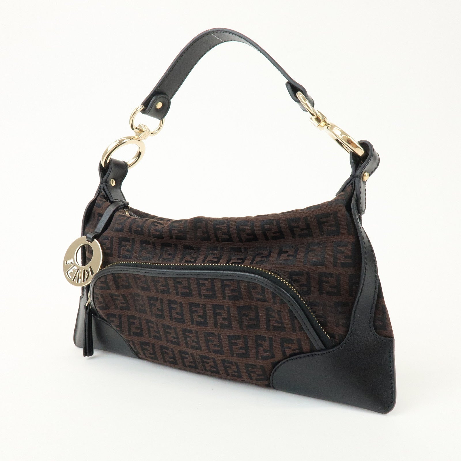 FENDI Zucchino Logo Canvas Leather Black Shoulder Bag Brown 8BR464