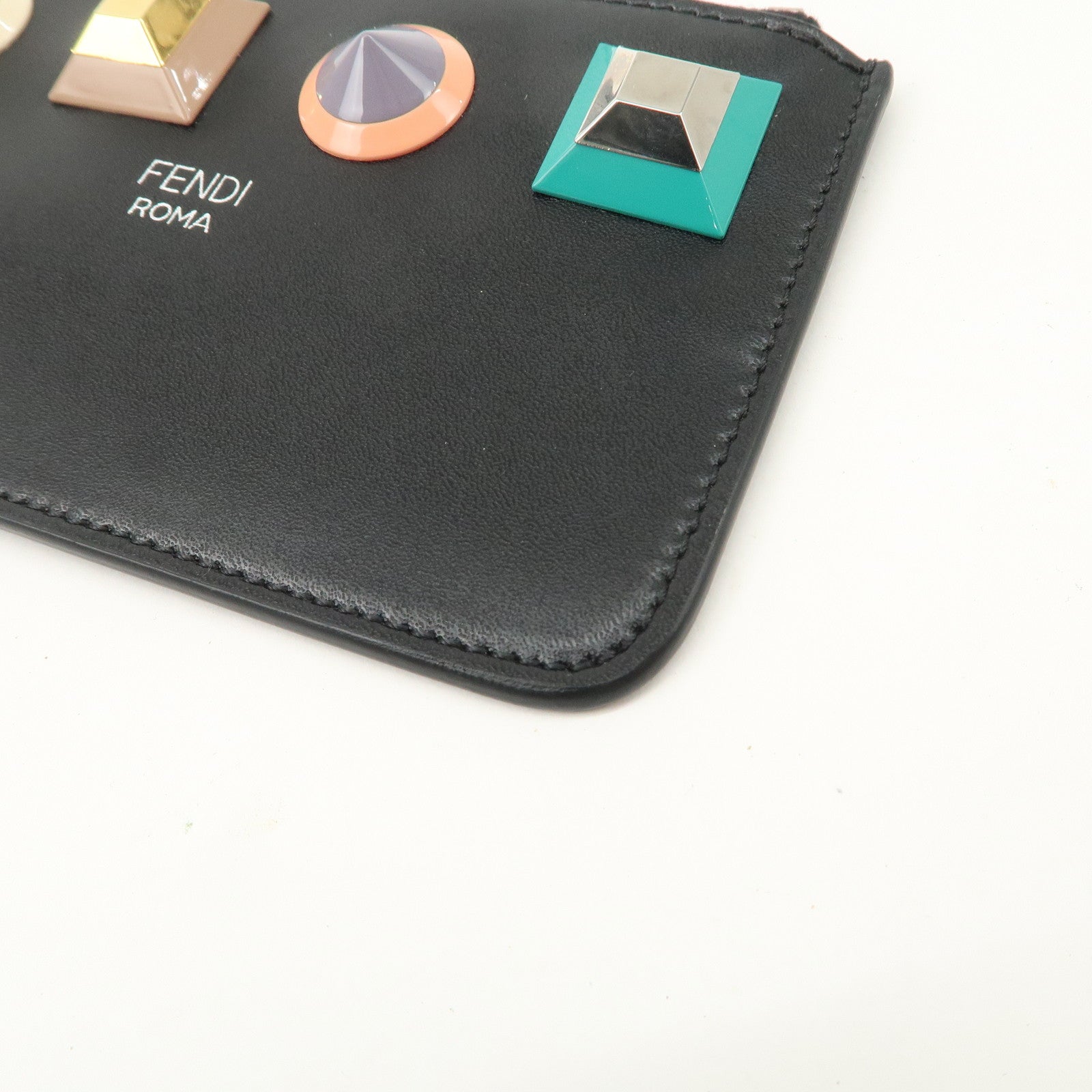 FENDI Logo Leather Studs Coin Purse Coin Case Black 8AP151 Used