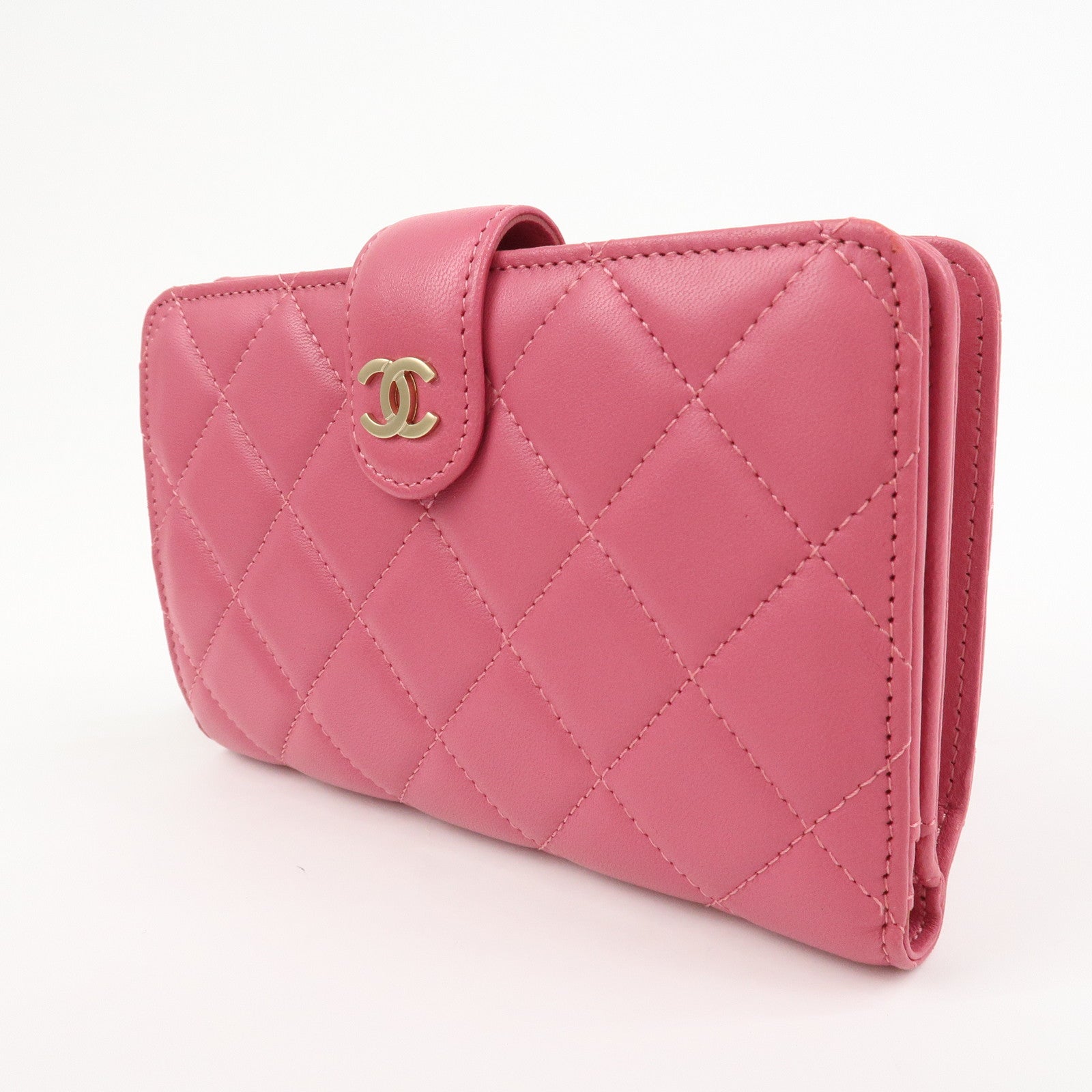 CHANEL Matelasse Lamb Skin Bi-fold Wallet Purse Pink