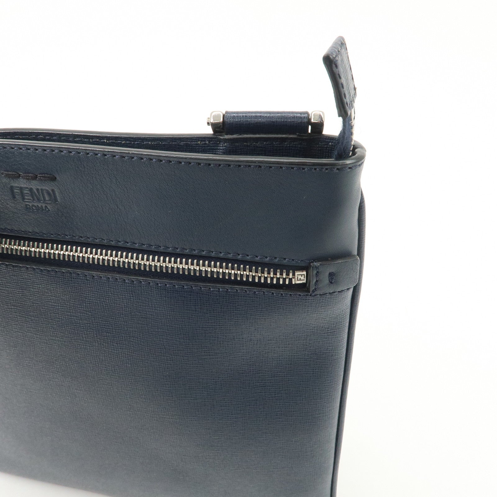 FENDI Logo Leather Shoulder Bag Crossbody Bag Navy 7VA357 Used