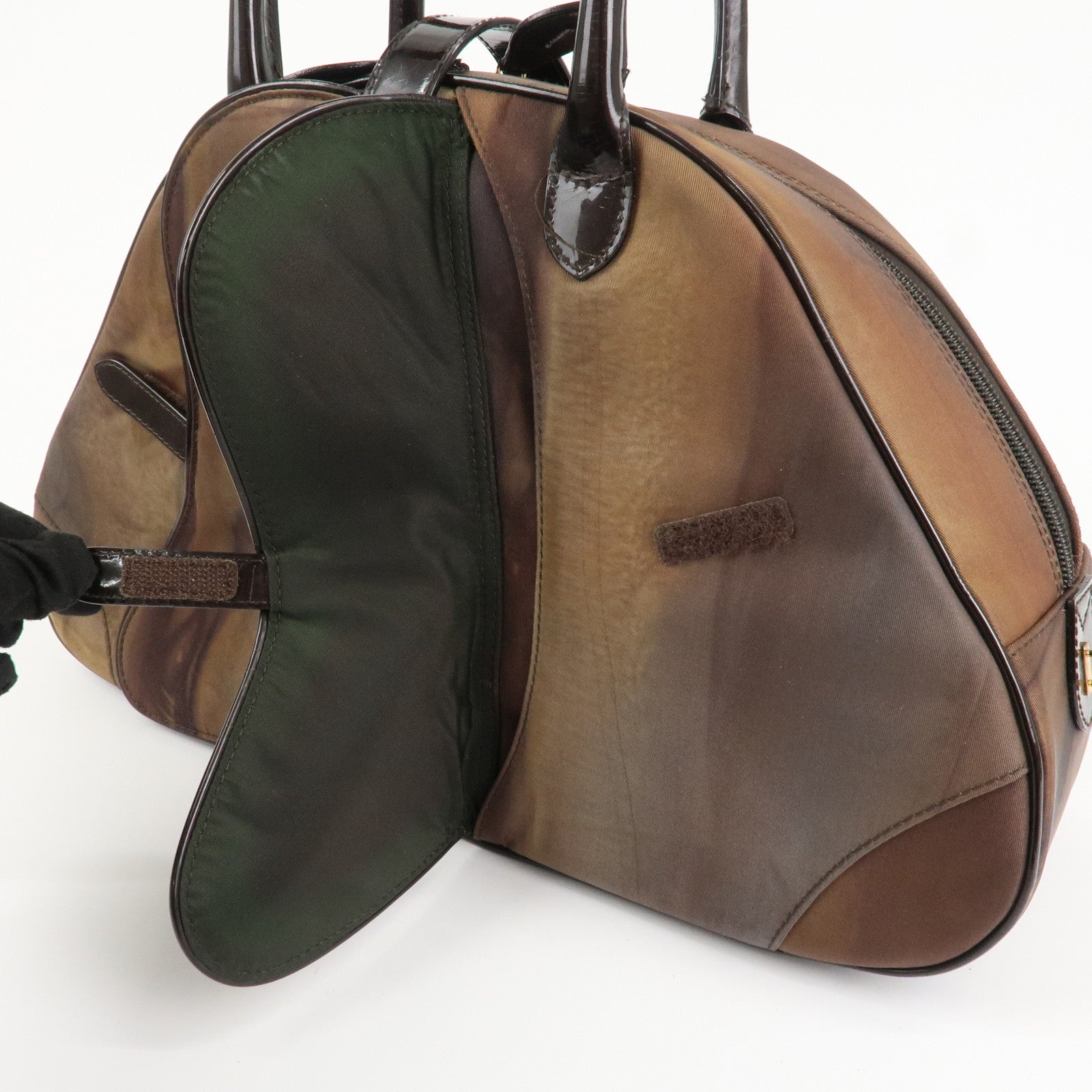 Christian Dior Double Saddle Nylon Leather Hand Boston Bag Brown Used