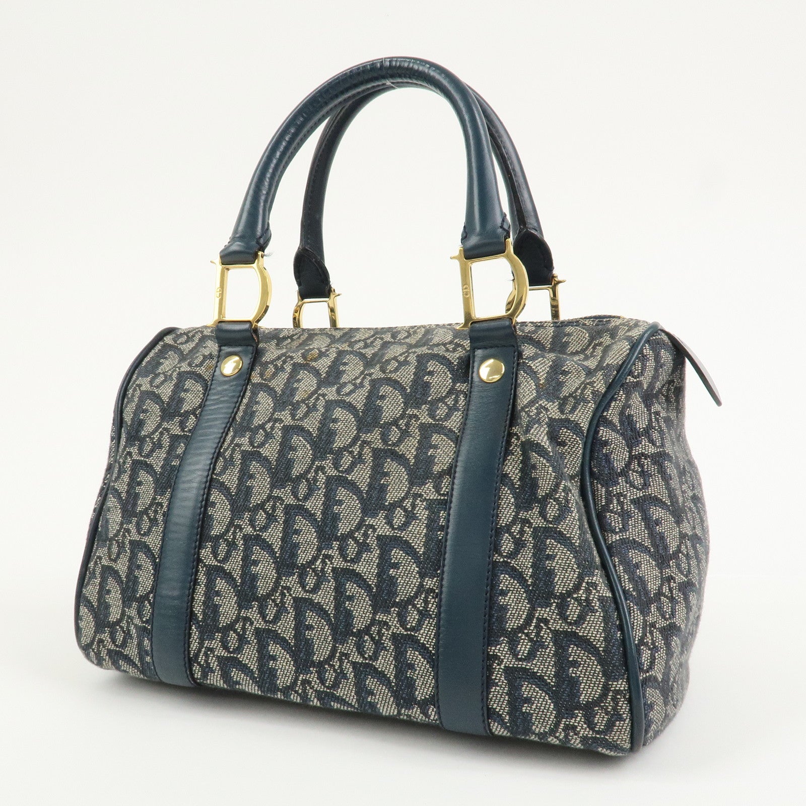 Christian Dior Oblique Canvas Leather Boston Bag Hand Bag Navy