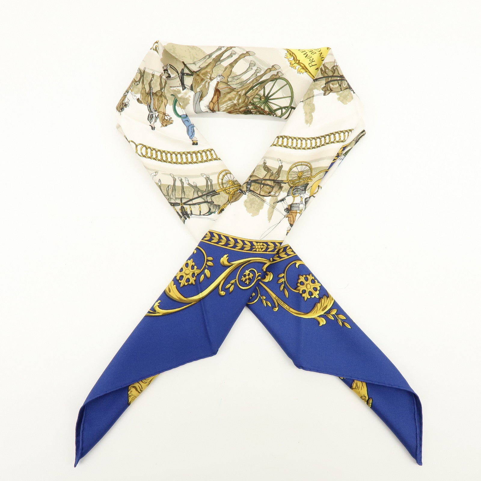 HERMES Carre 90 Silk 100% Scarf LA PROMENADE DE LONGCHAMPS Blue