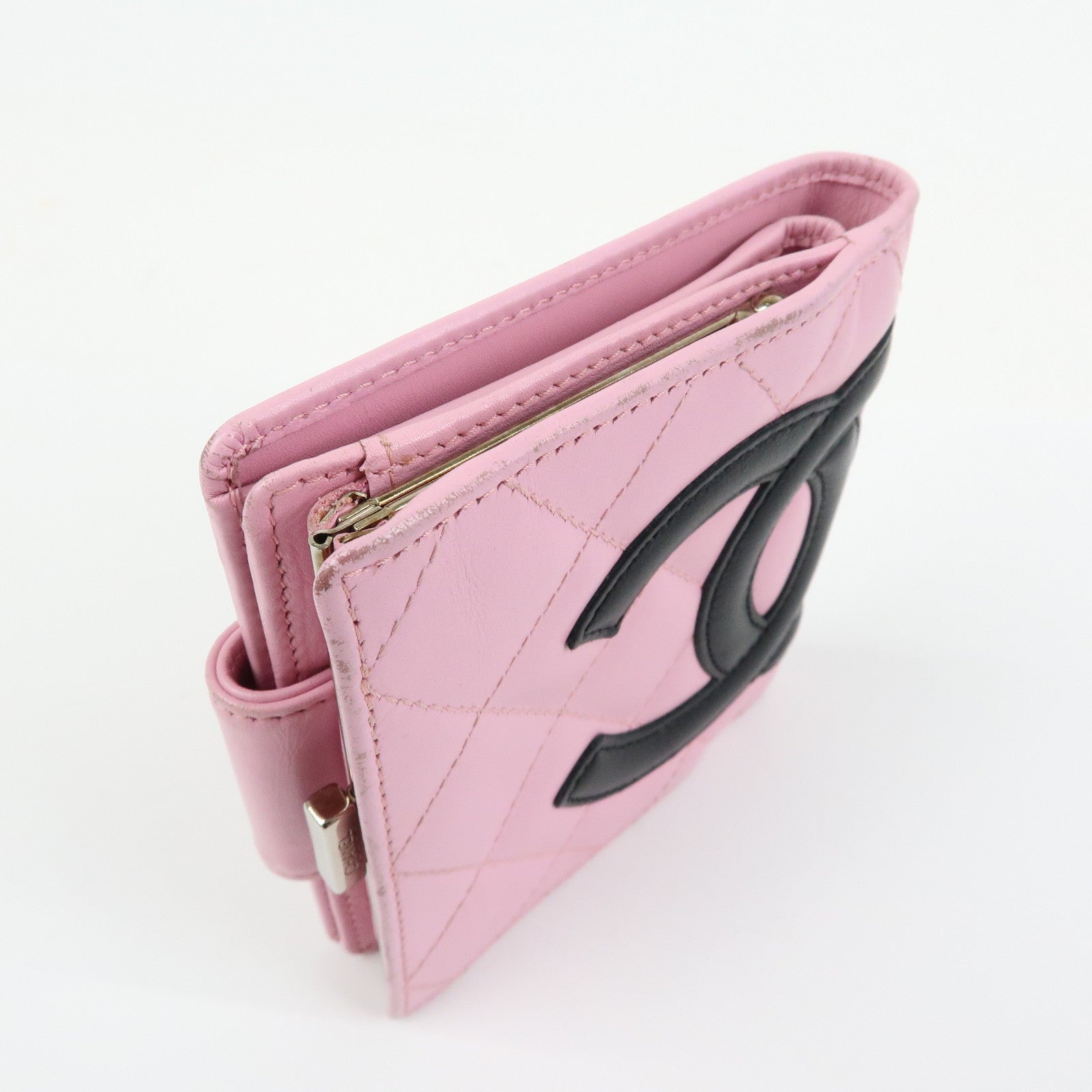 CHANEL Cambon Line Matelasse Lamb Skin Bi-fold Compact Wallet Pink