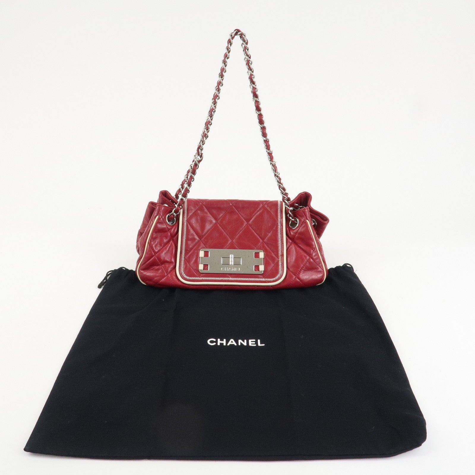 CHANEL 2.55 Lamb Skin Leather Chain Shoulder Bag Red Used