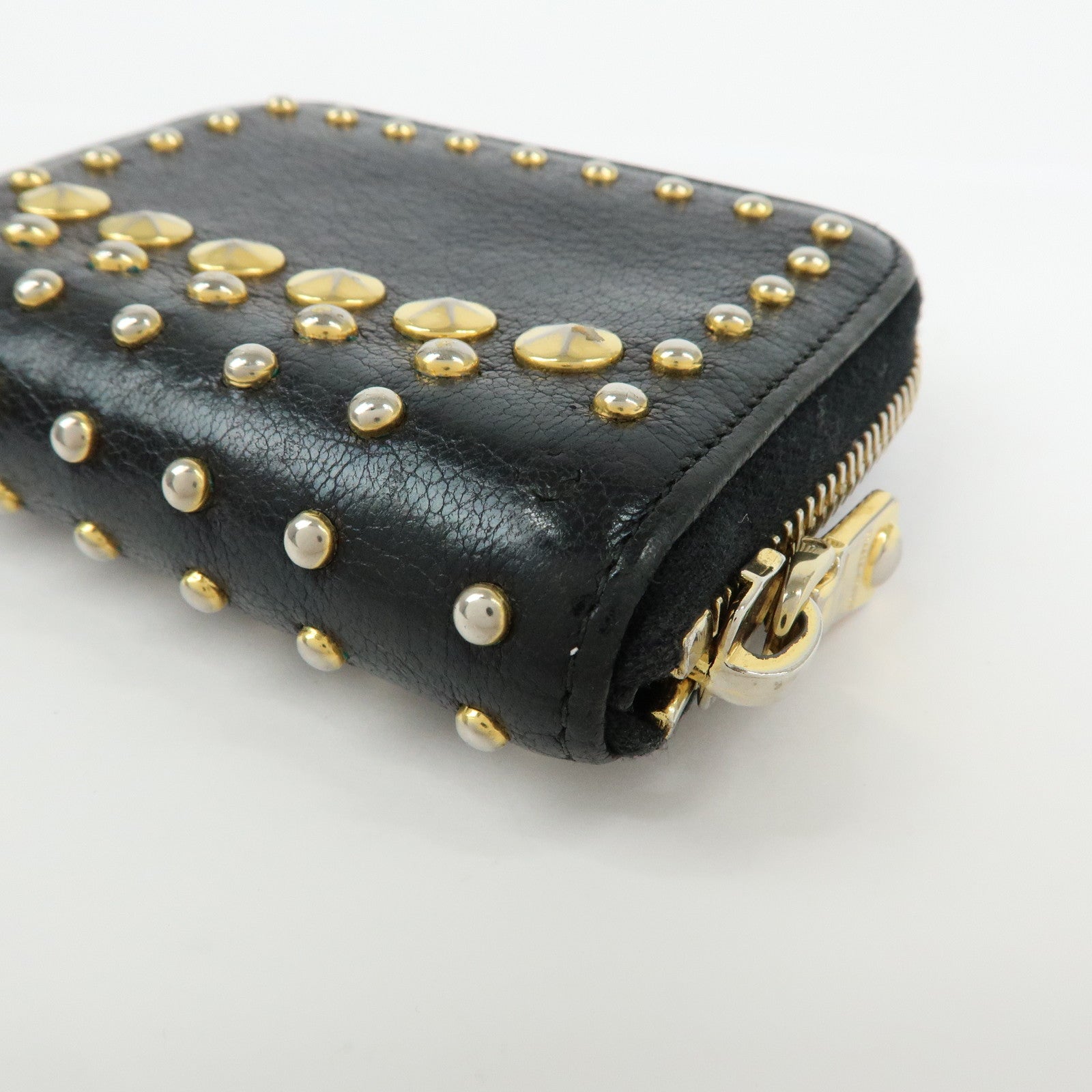 MIU MIU Madras Leather Studs Compact Coin Case Wallet Black