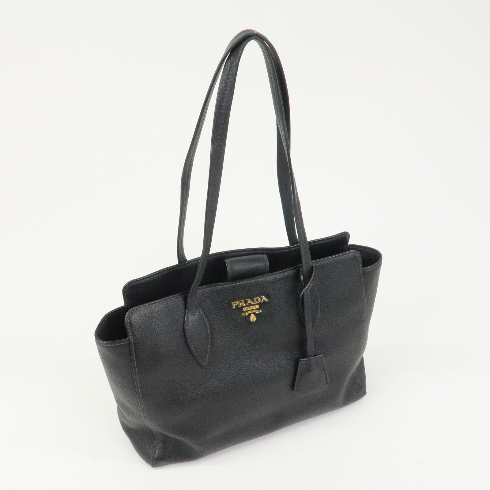 PRADA Logo Leather Shoulder Bag Tote Bag Black 1BG111