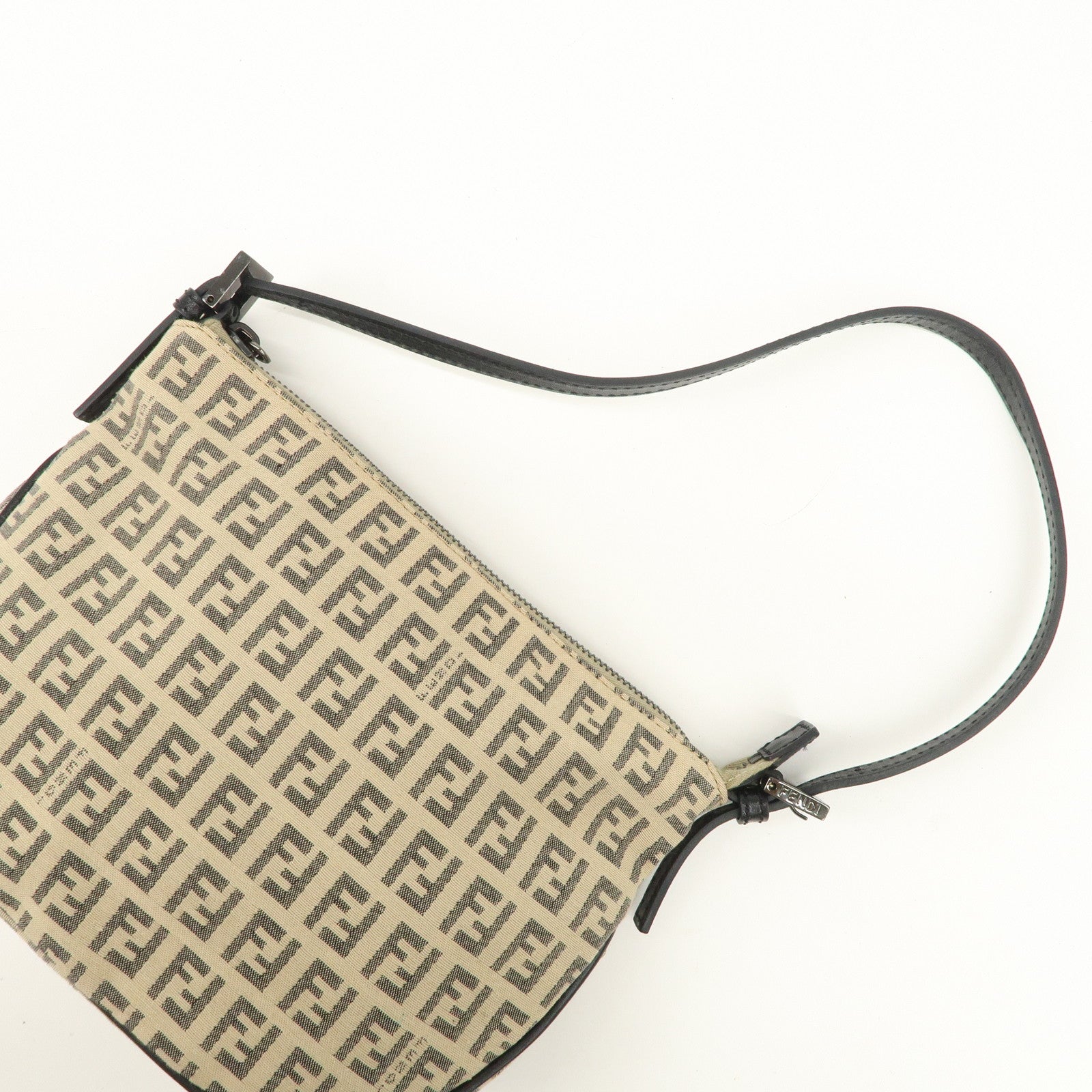 FENDI Zucchino Canvas Leather Shoulder Bag Beige Black 8BR312