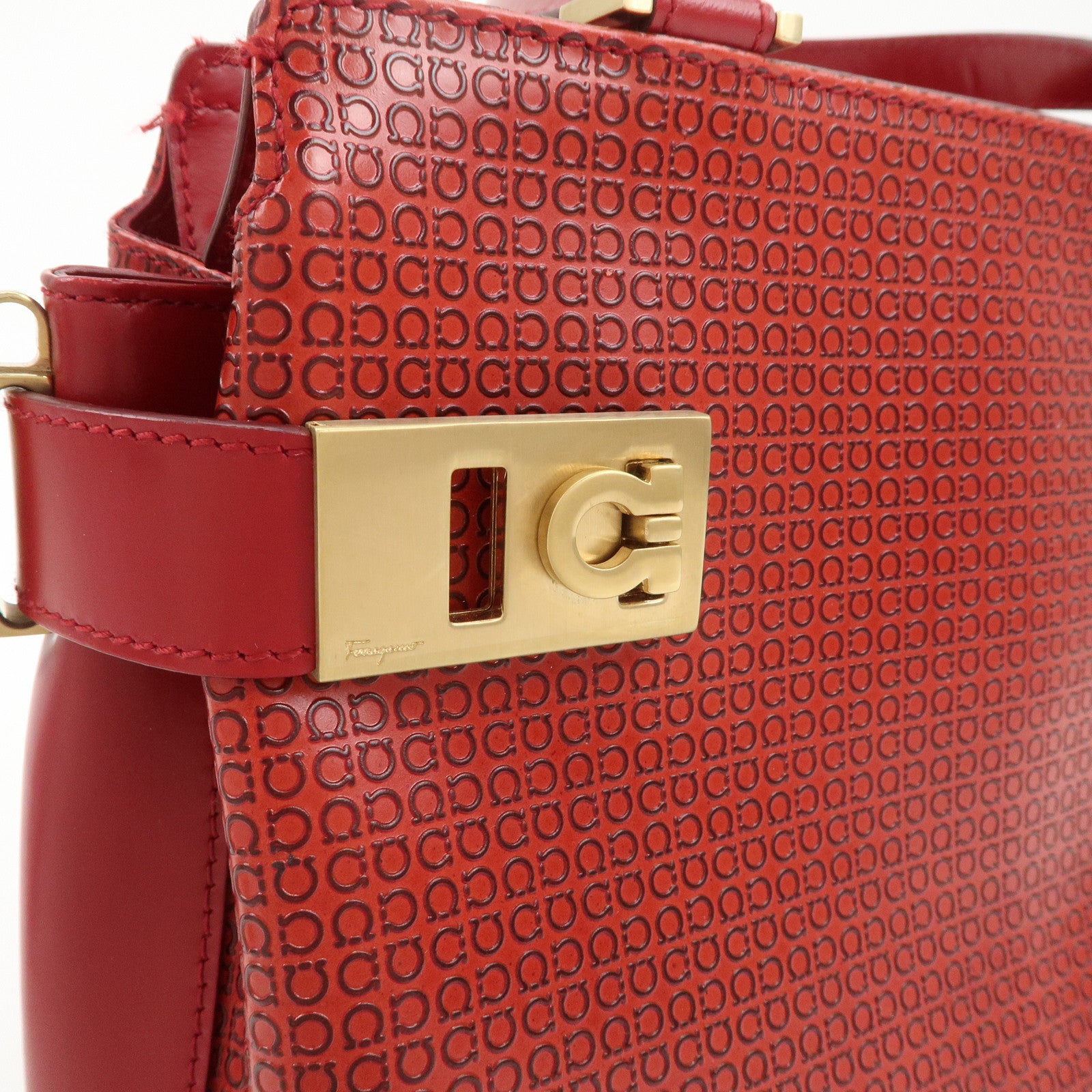 Ferragamo Gancini Leather 2WAY Bag Hand Bag Shoulder Bag Red