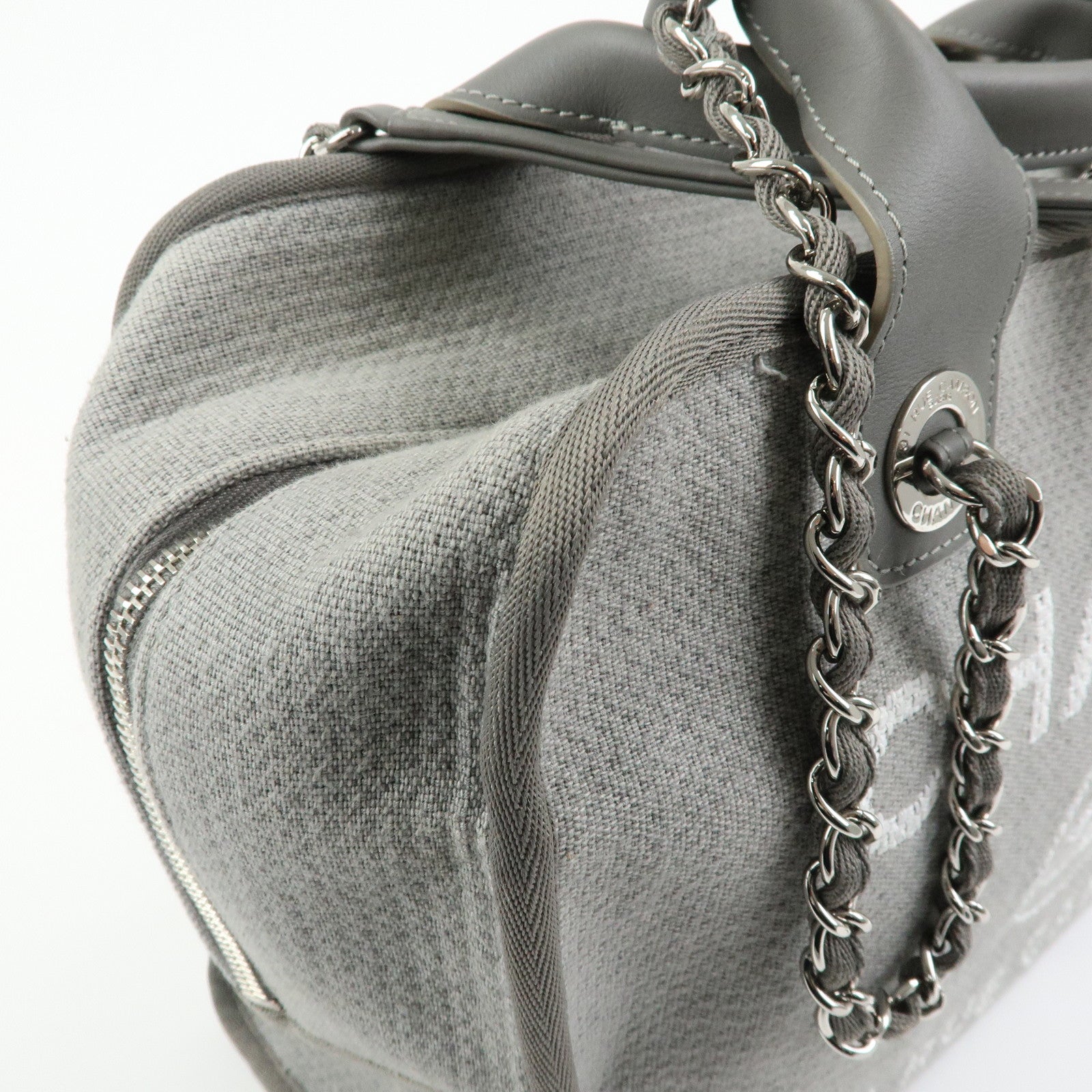 CHANEL Deauville Canvas Leather 2Way Boston Chain Shoulder Bag Gray