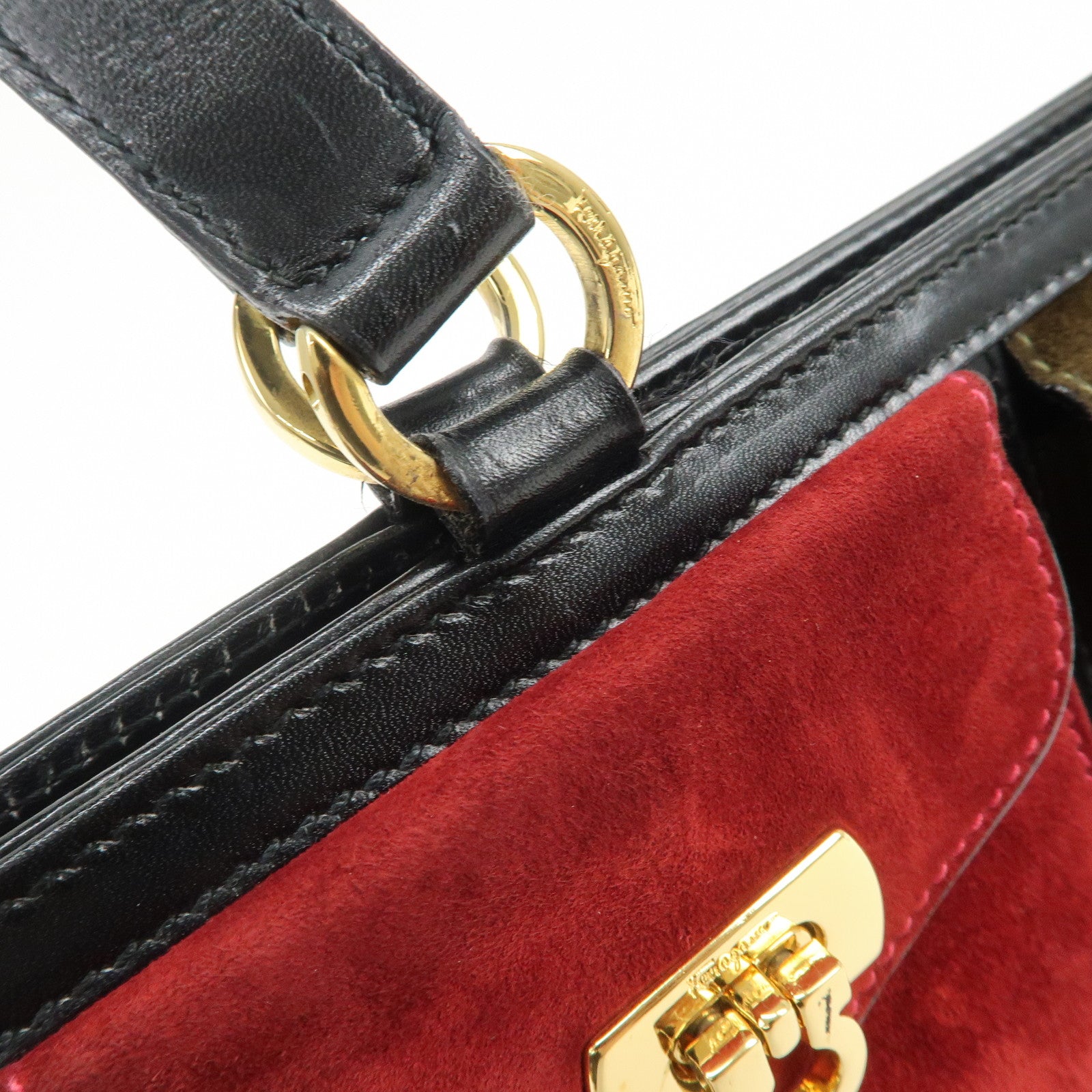 Ferragamo Gancini Suede Leather Hand Bag Tote Bag Black Khaki Red