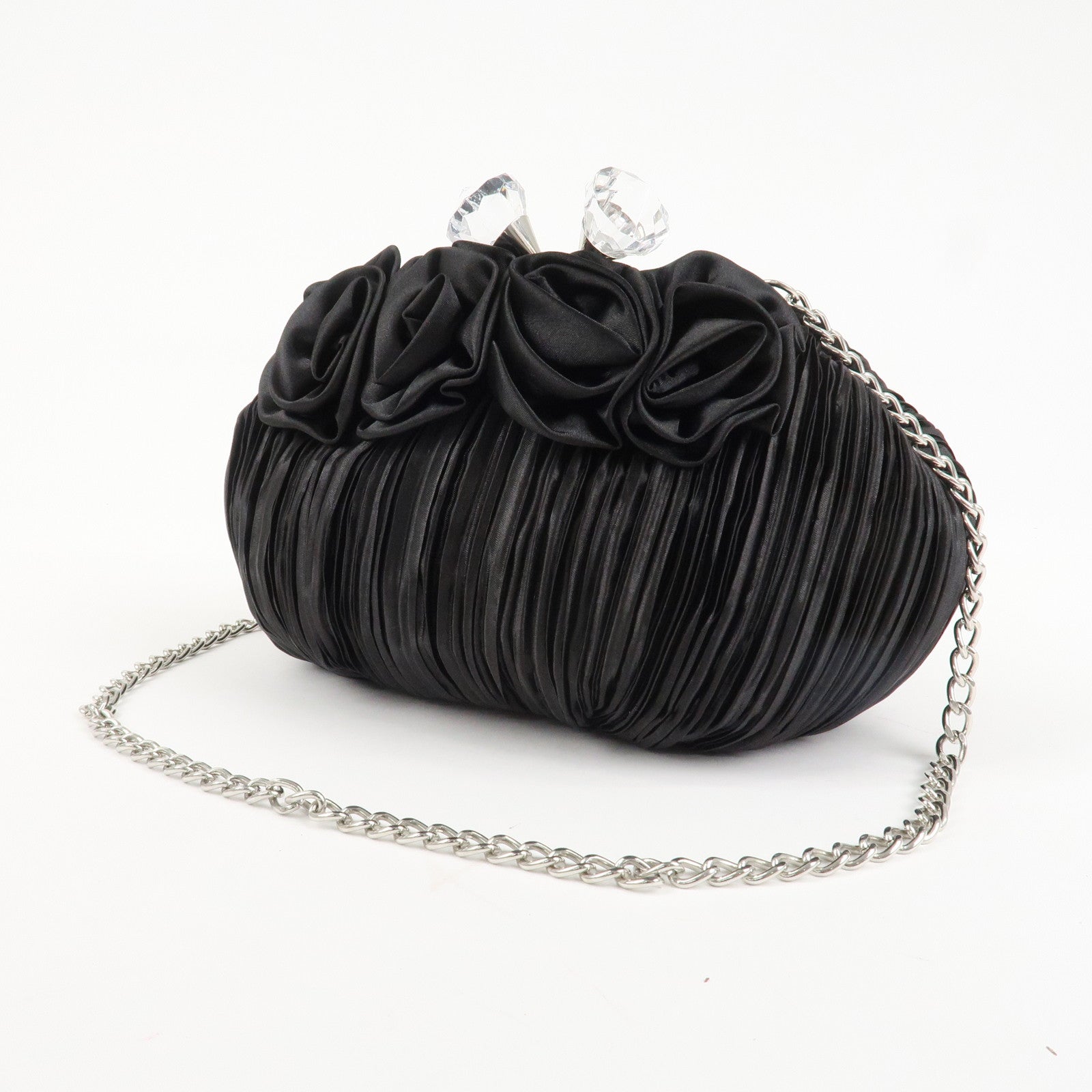 VALENTINO Nylon Chain Shoulder Bag Black Crystal Kiss Lock Used