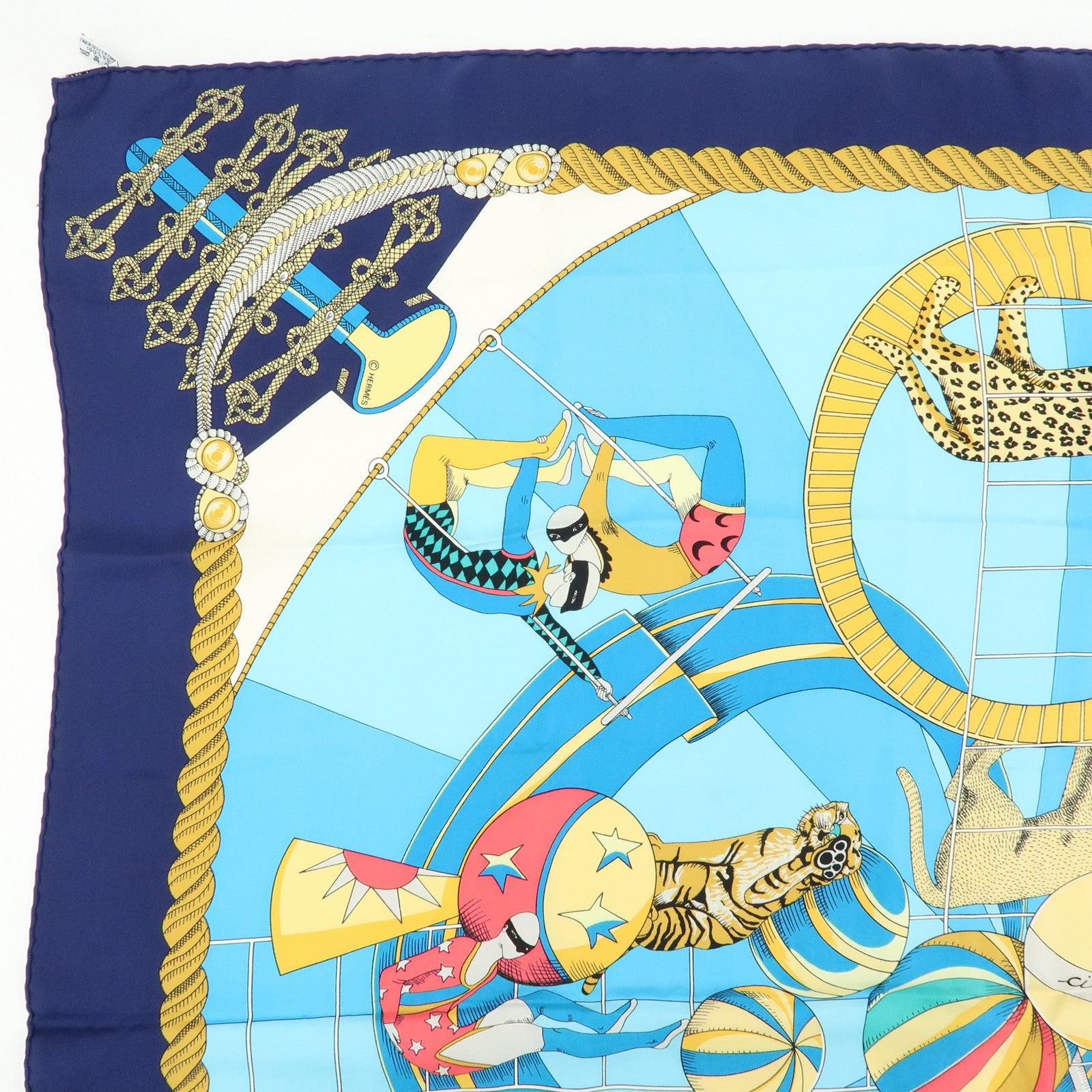 HERMES Carre 90 Silk 100% Scarf Circus Blue Gold