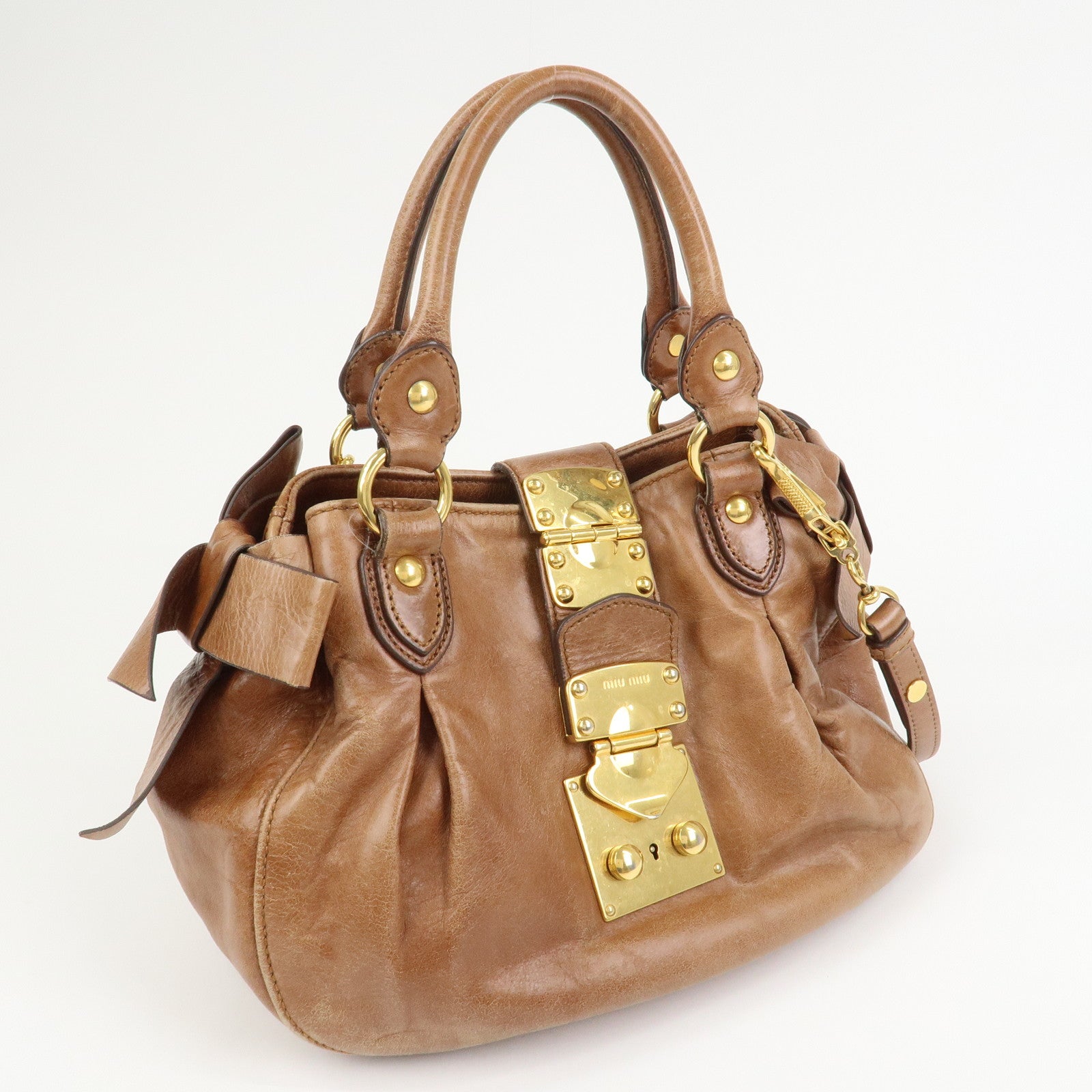 MIU MIU Side Ribbon Leather 2Way Shoulder Hand Bag Brown RN0686