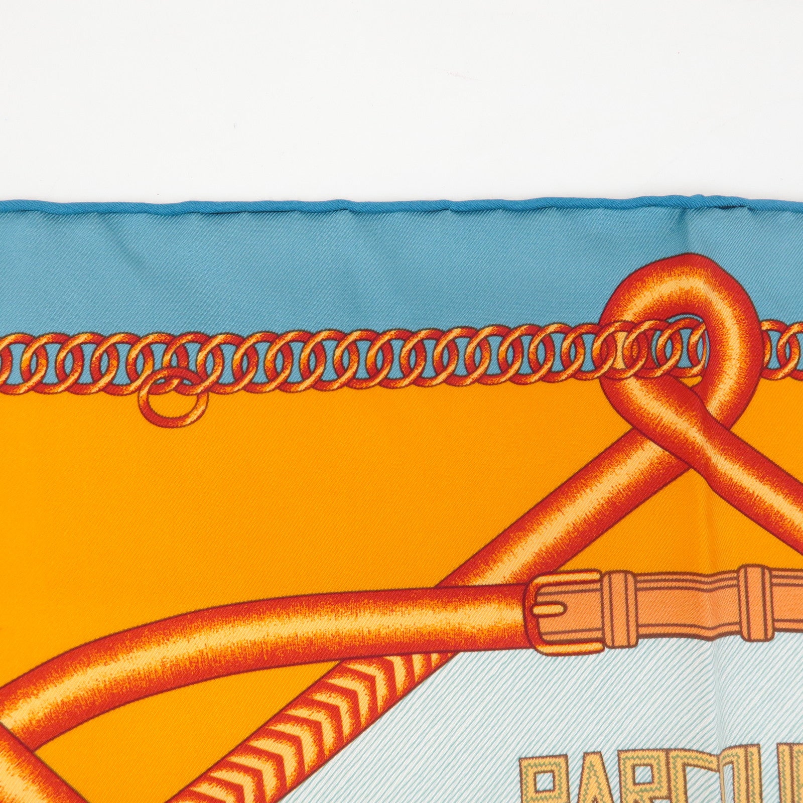 HERMES Carre 90 Silk 100% Scarf PARCOURS SANS FAUTE Orange Blue Used