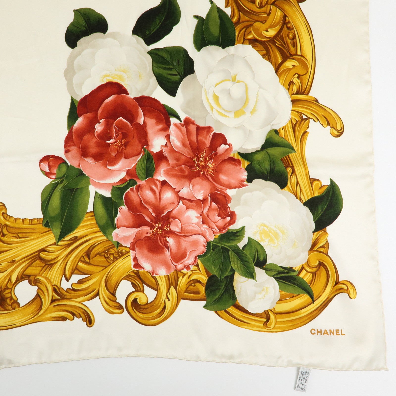 CHANEL Silk 100% Scarf Flower Print White Red Gold