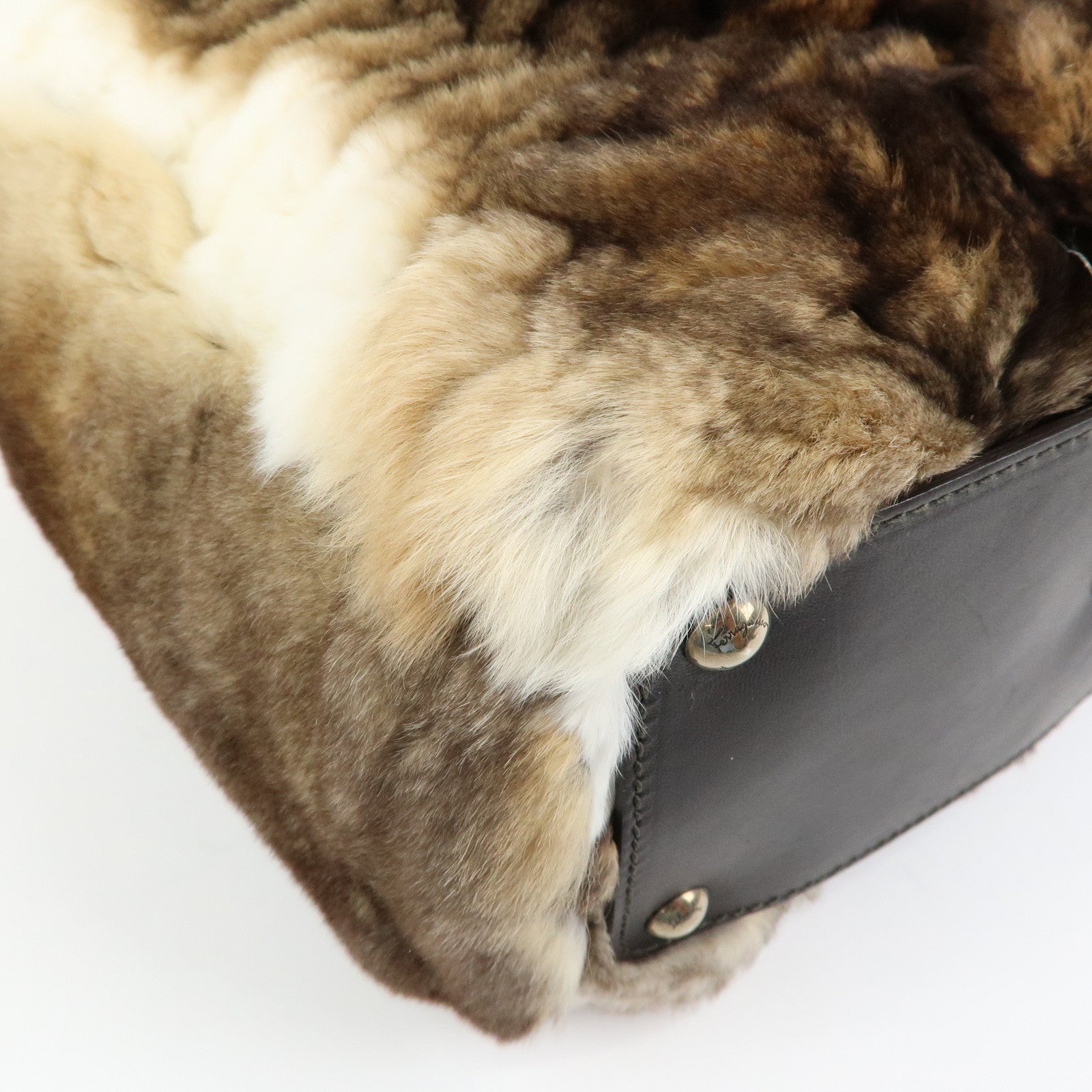 Ferragamo Gancini Rabbit Fur Leather Hand Bag Tote Bag Brown