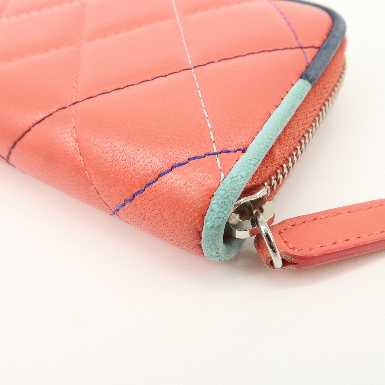 CHANEL Matelasse Lamb Skin Coin Case Coin Purse Pink Blue