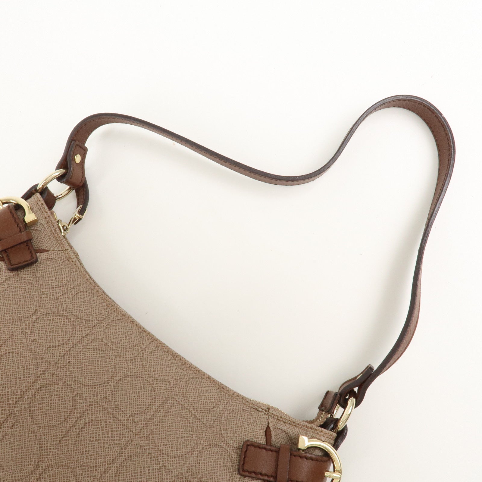 Ferragamo Gancini Logo PVC Leather Shoulder Bag Hand Bag Brown