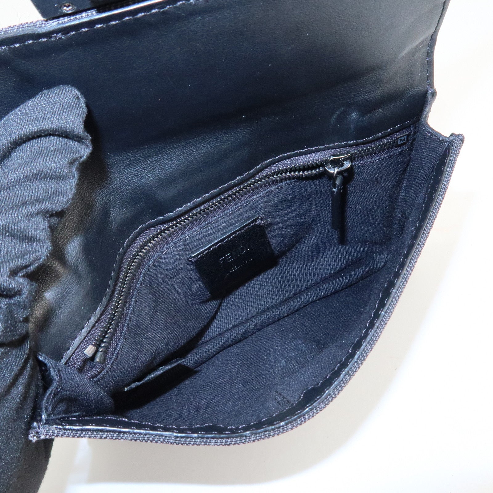 FENDI Zucca Leather Canvas Baguette Slim Clutch Bag Black 7M0295 Used