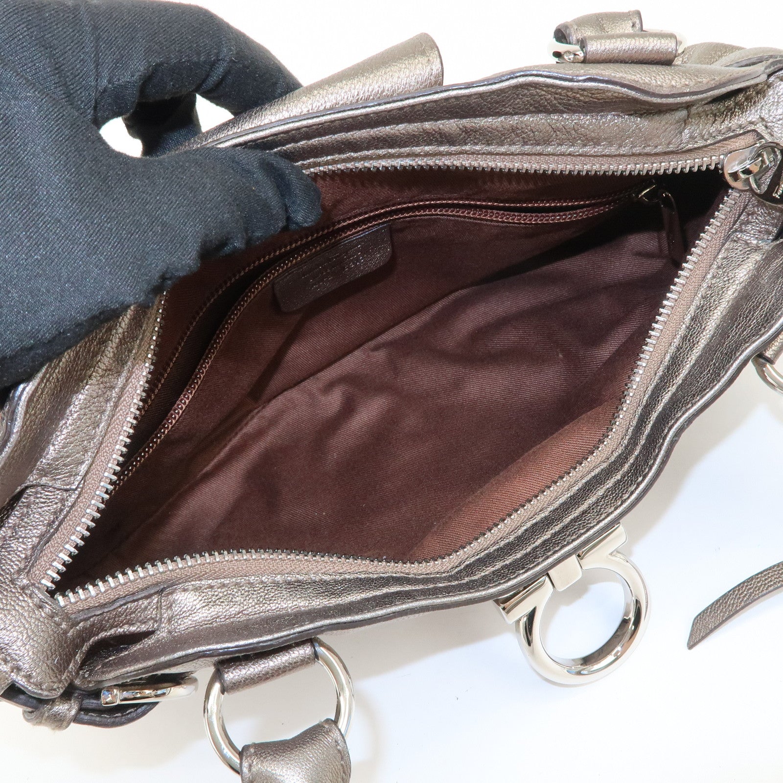 Ferragamo Gancini Leather Hand Bag Shoulder Bag Silver Gray