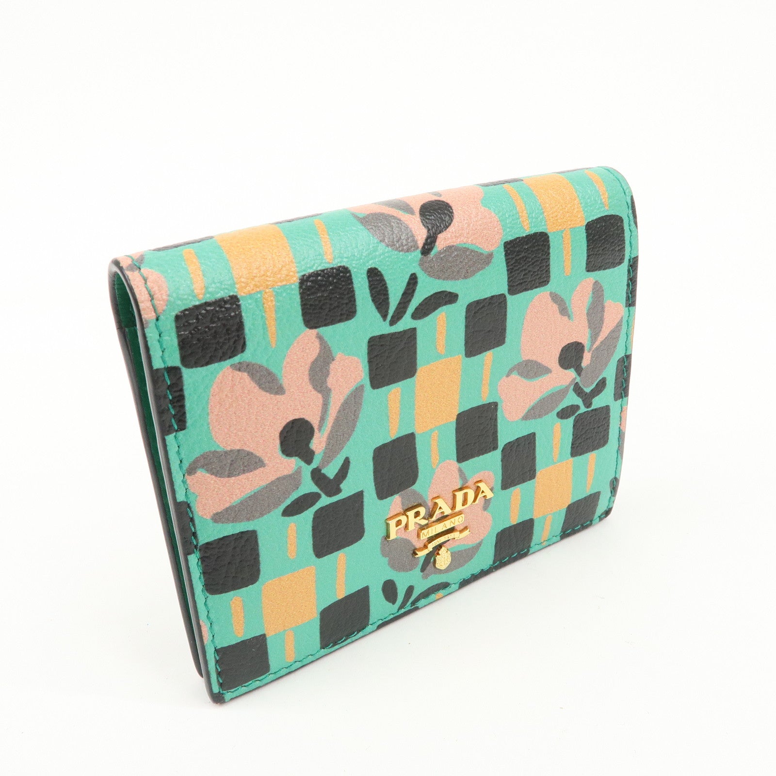 PRADA Leather Compact Wallet Floral Print Green Gold HDW 1MV204 Used