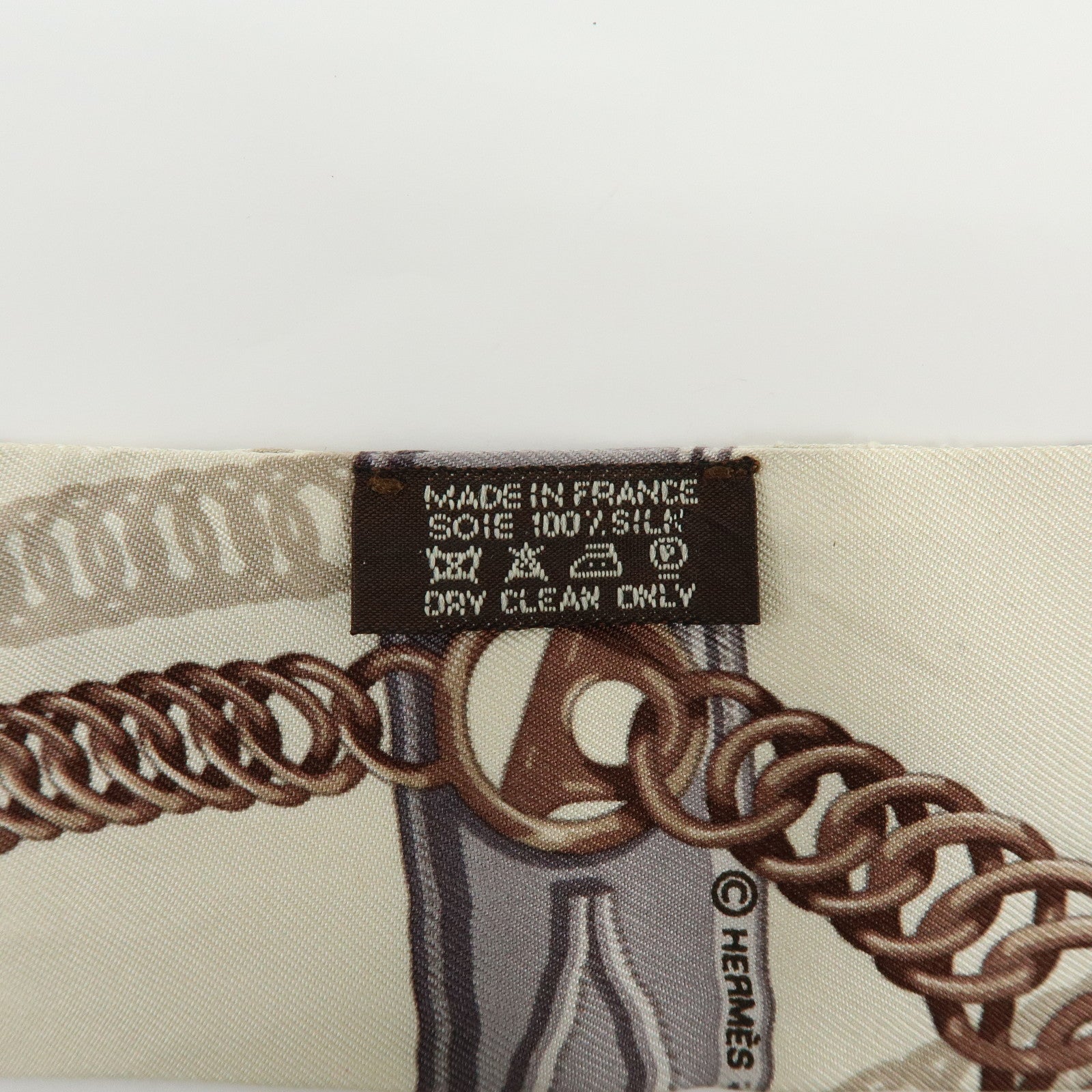 HERMES Twilly Silk 100% Scarf Chain Print Ivory Brown